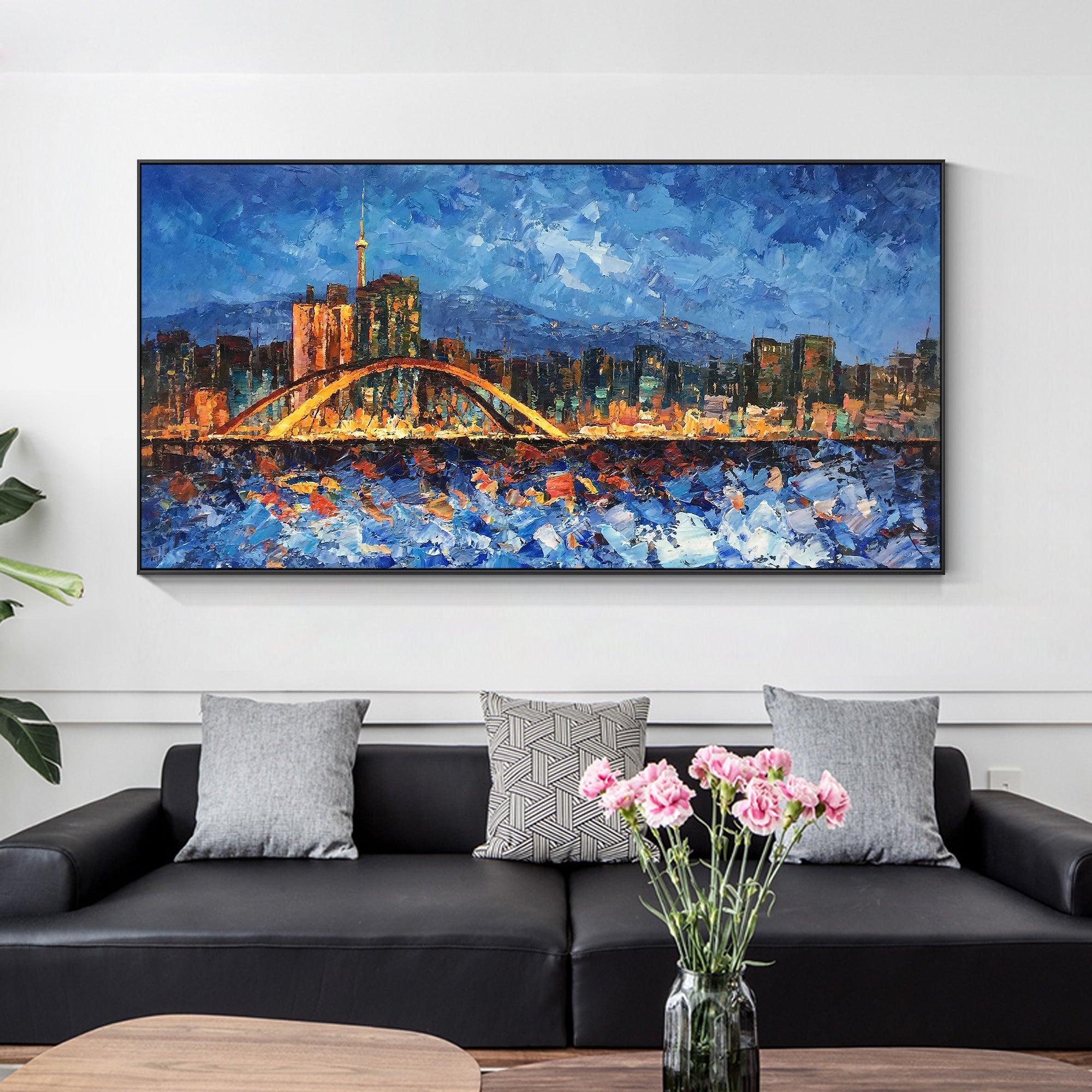 Textured South Korea Seoul cityscape oil painting in blue and orange.
