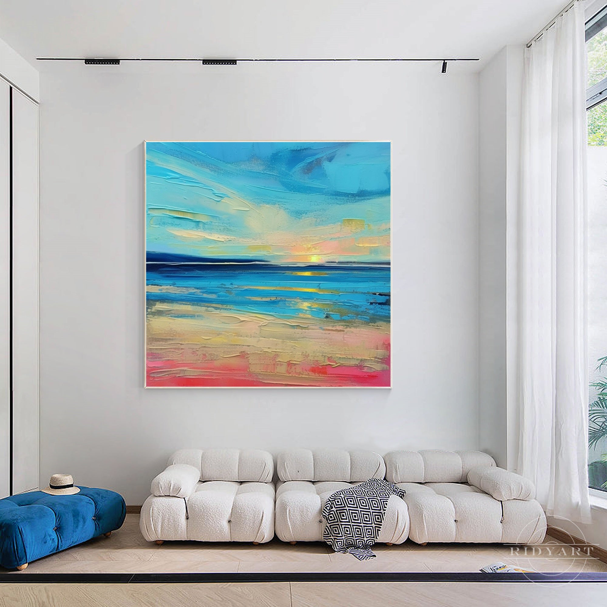 Blue seascape sunrise painting with textured waves.