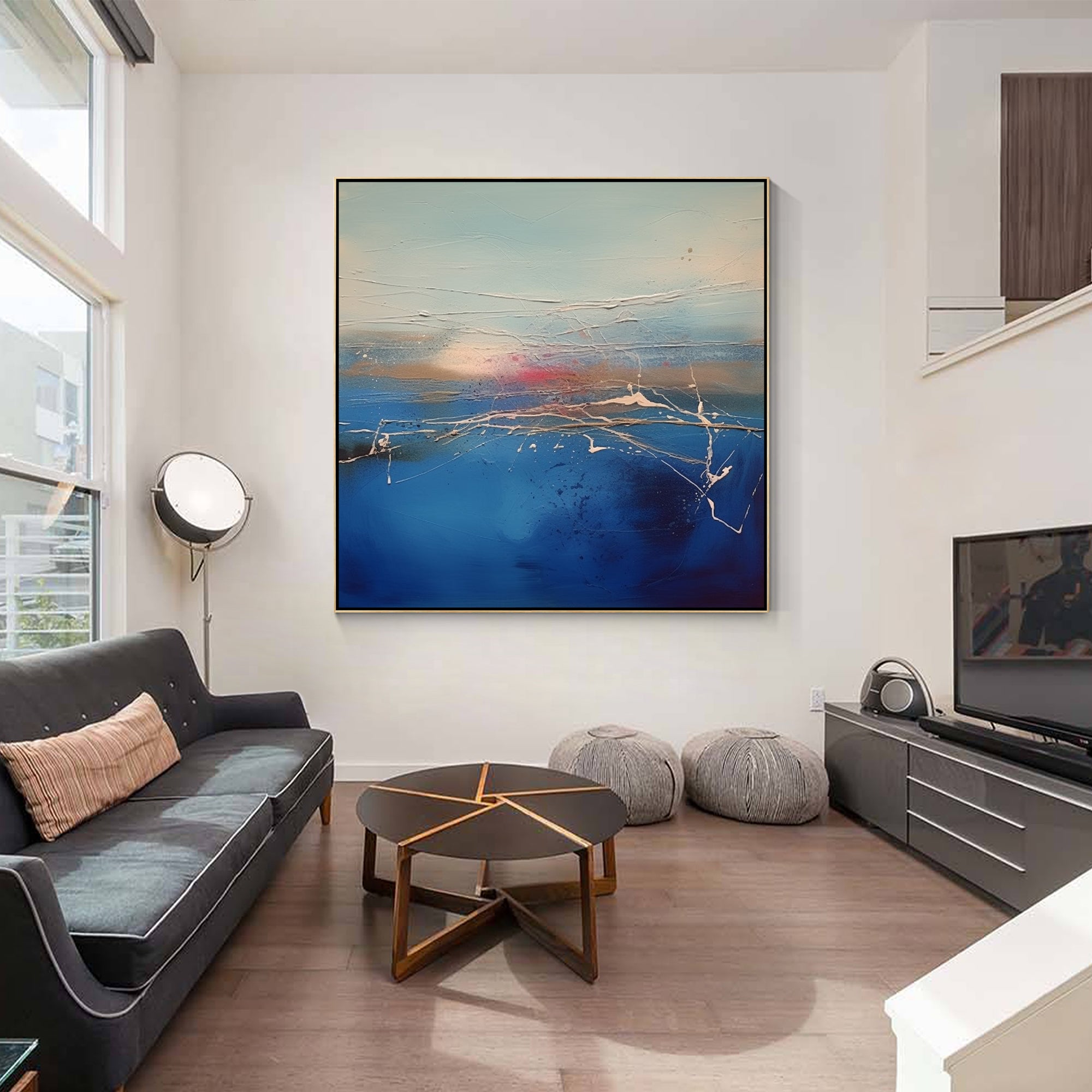 Blue abstract painting with textured sunrise over the ocean. Square wall art for living rooms, bedrooms, and coastal decor.