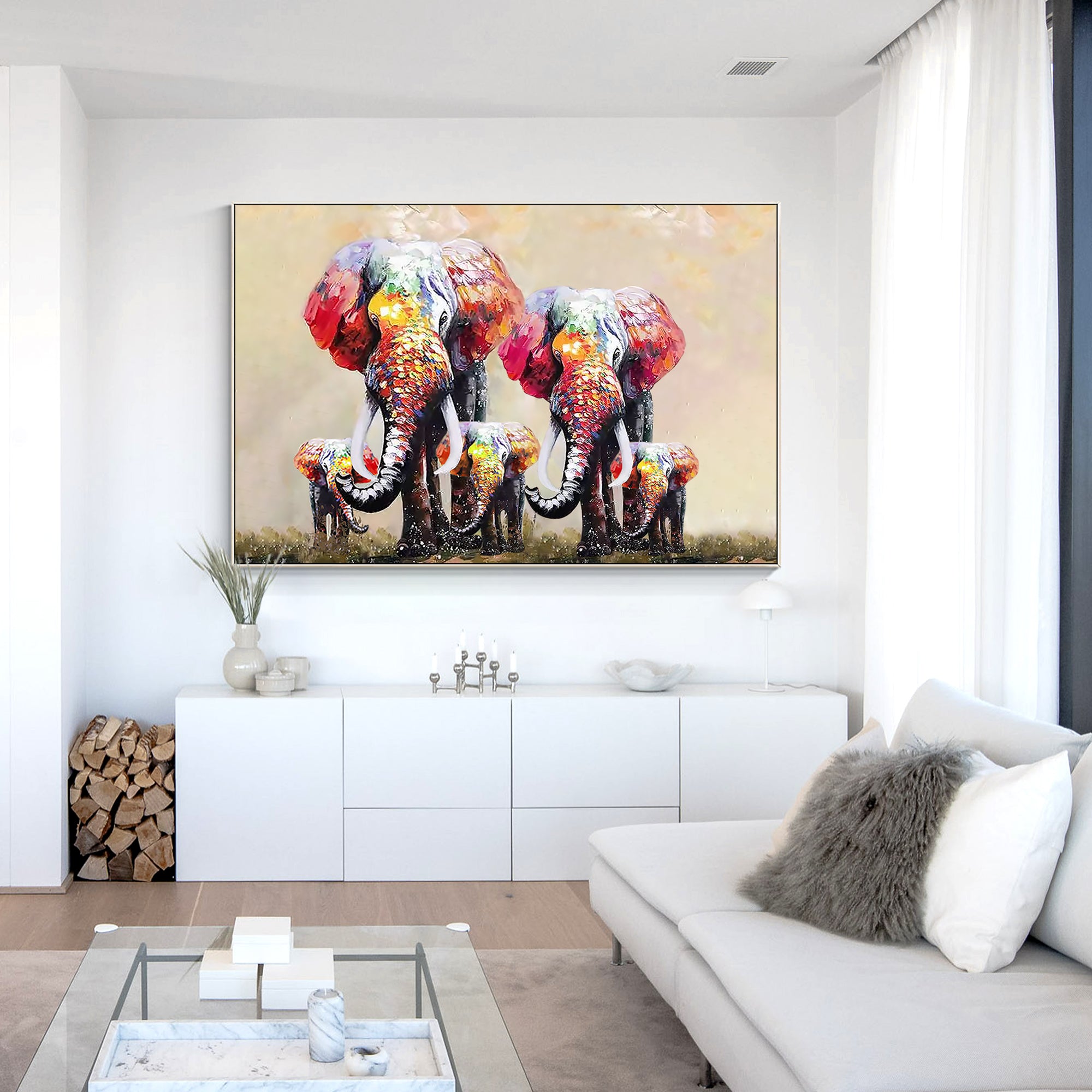 Colorful and bold elephant family painting perfect for bohemian decor.