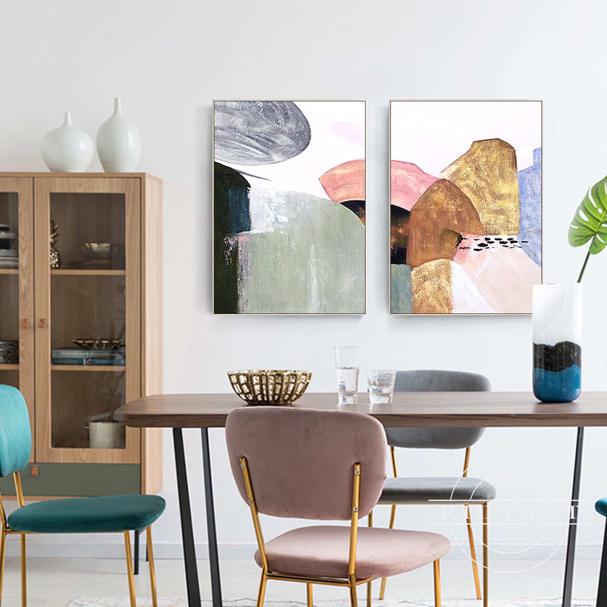 Gold and pink framed abstract wall art set