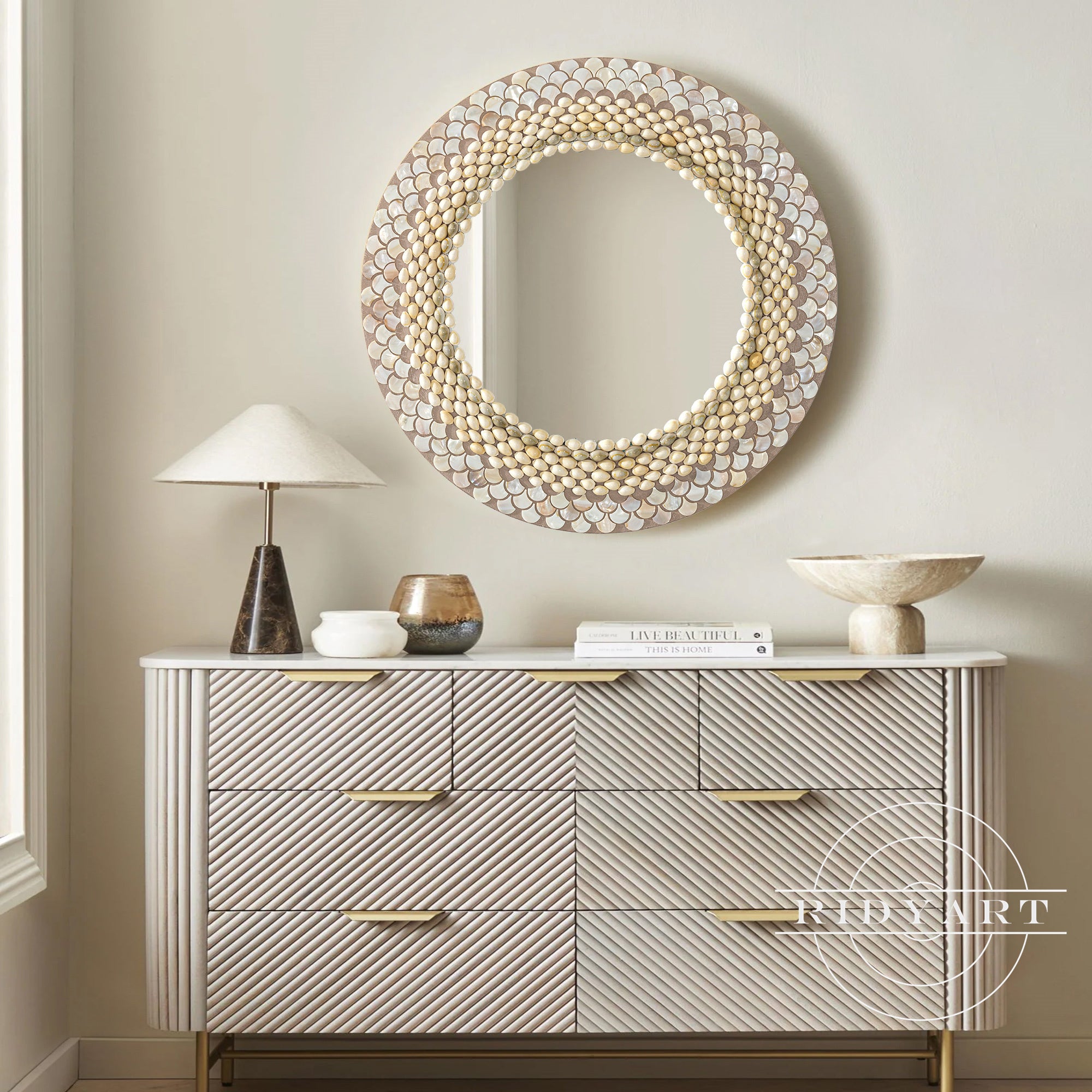 Nautical-inspired pearl shell mirror for wall display