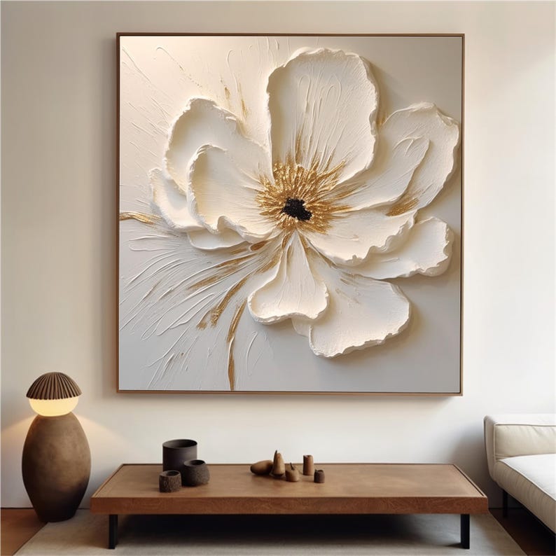 Modern textured daisy flower canvas art for minimalist home