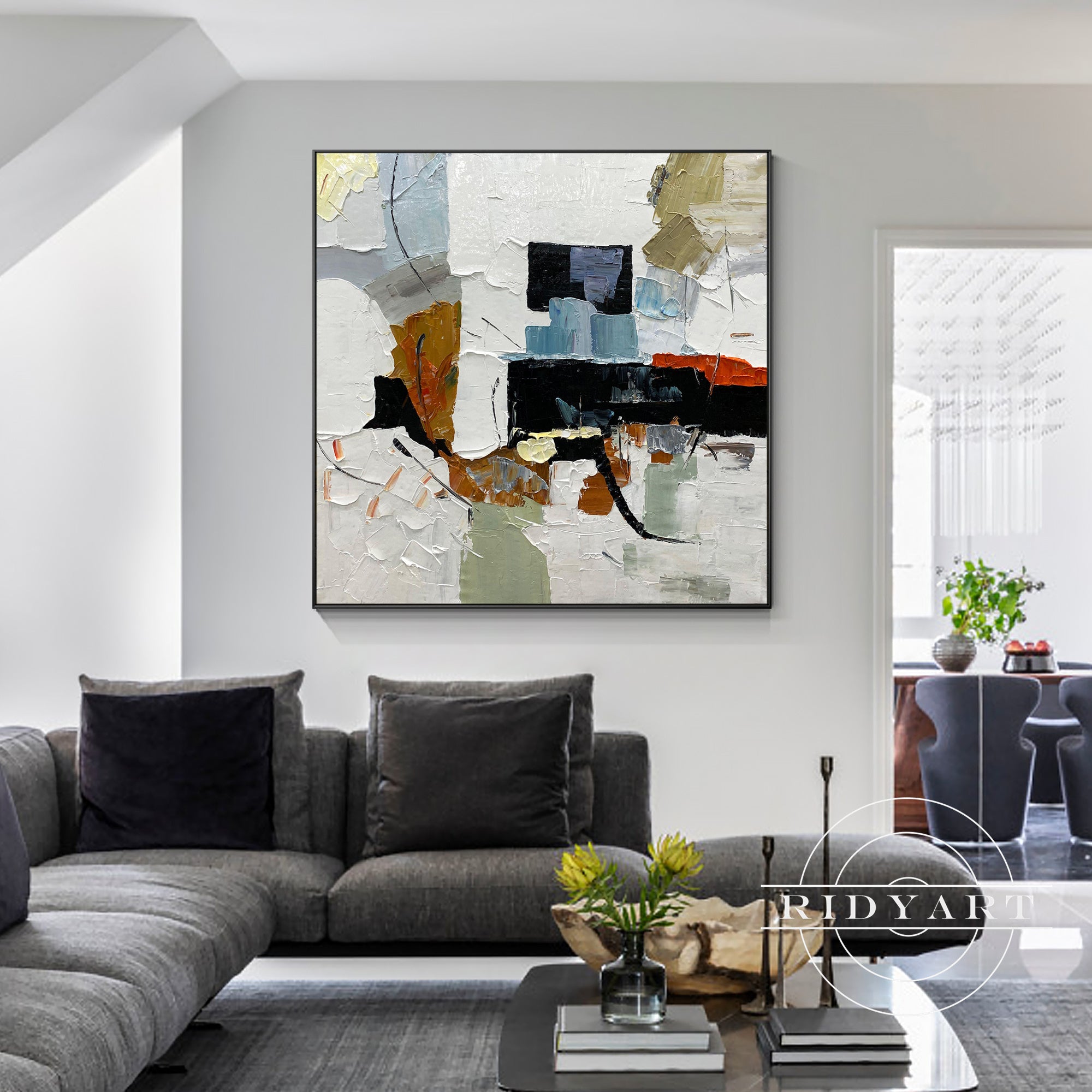 Modern art with blocks of white, blue, and orange accents
