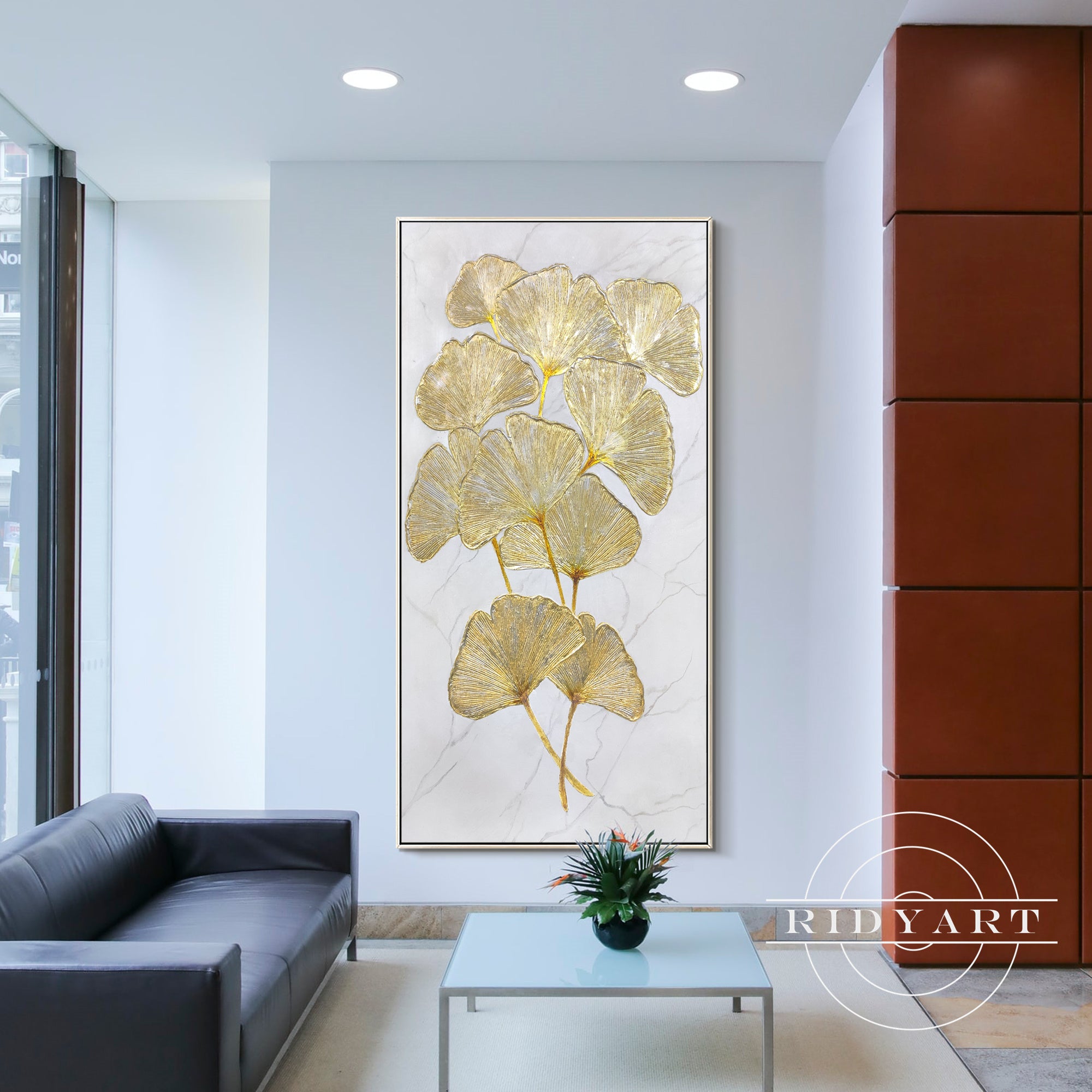 Framed gold ginkgo artwork for living room