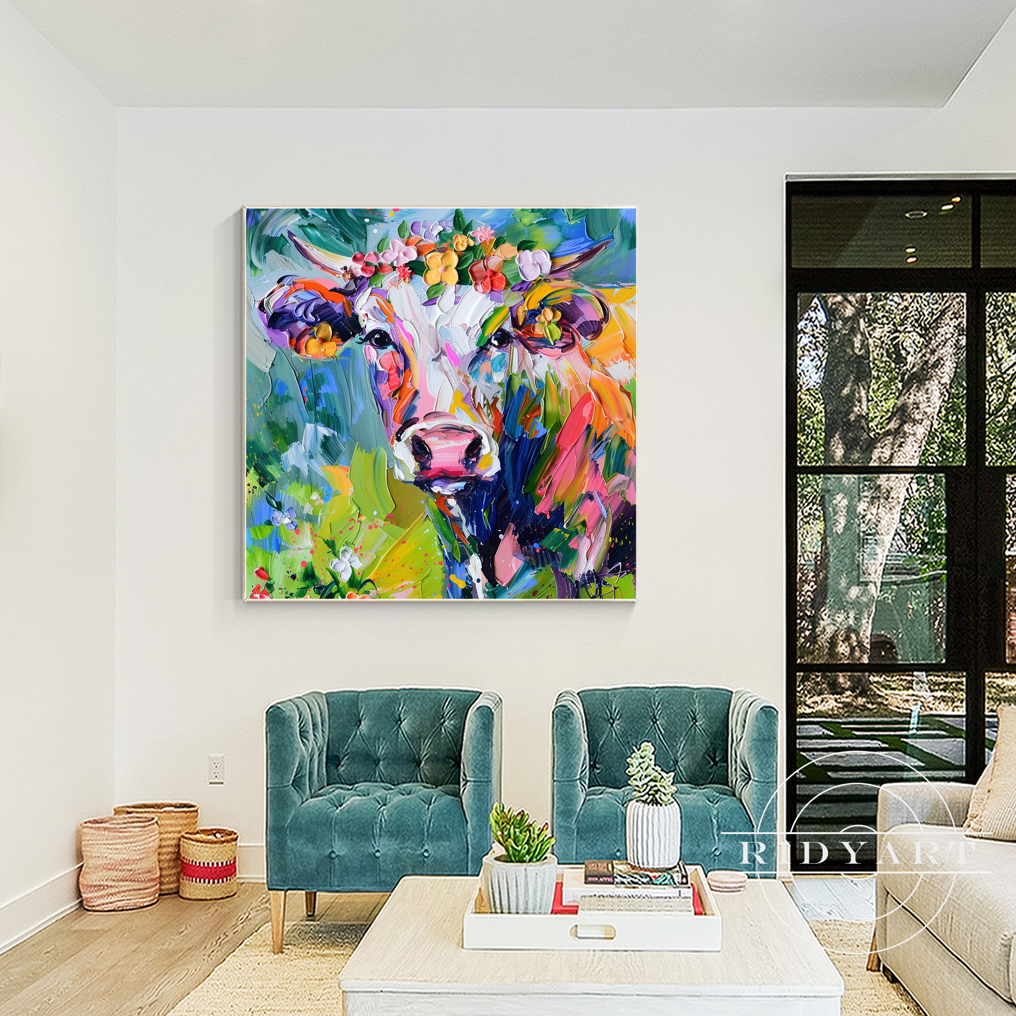 Colorful cow portrait acrylic canvas for home or gift idea