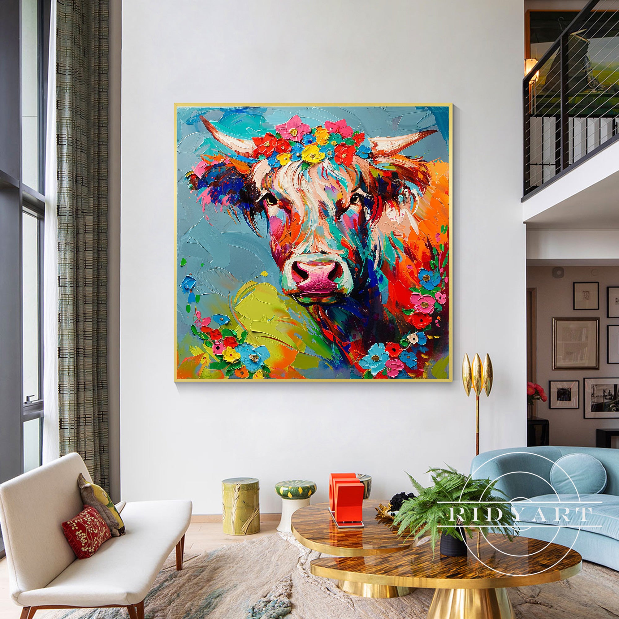 Bright cow painting with 3D brushstrokes for farmhouse style