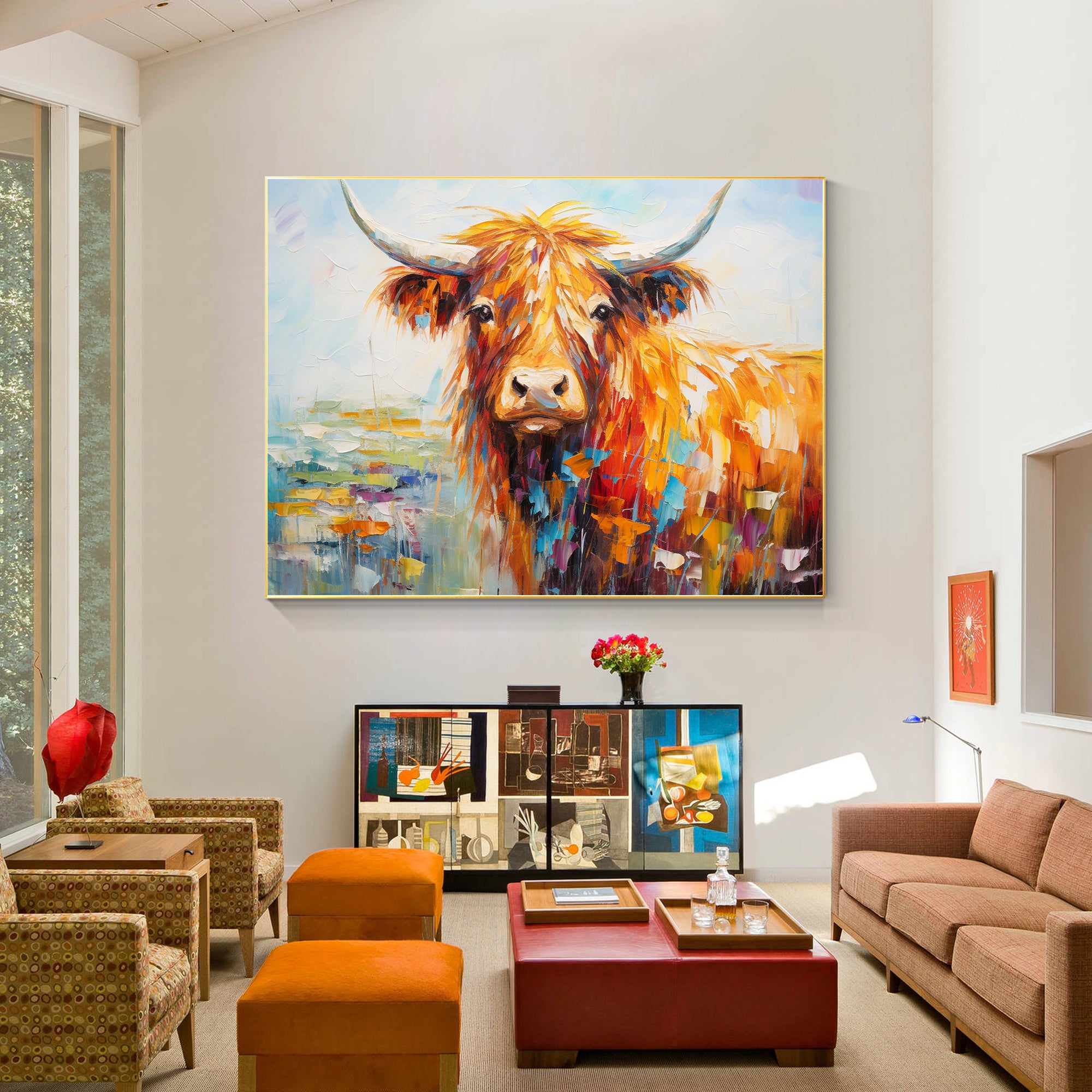 Bright colorful yak texture painting on canvas with vibrant colors.