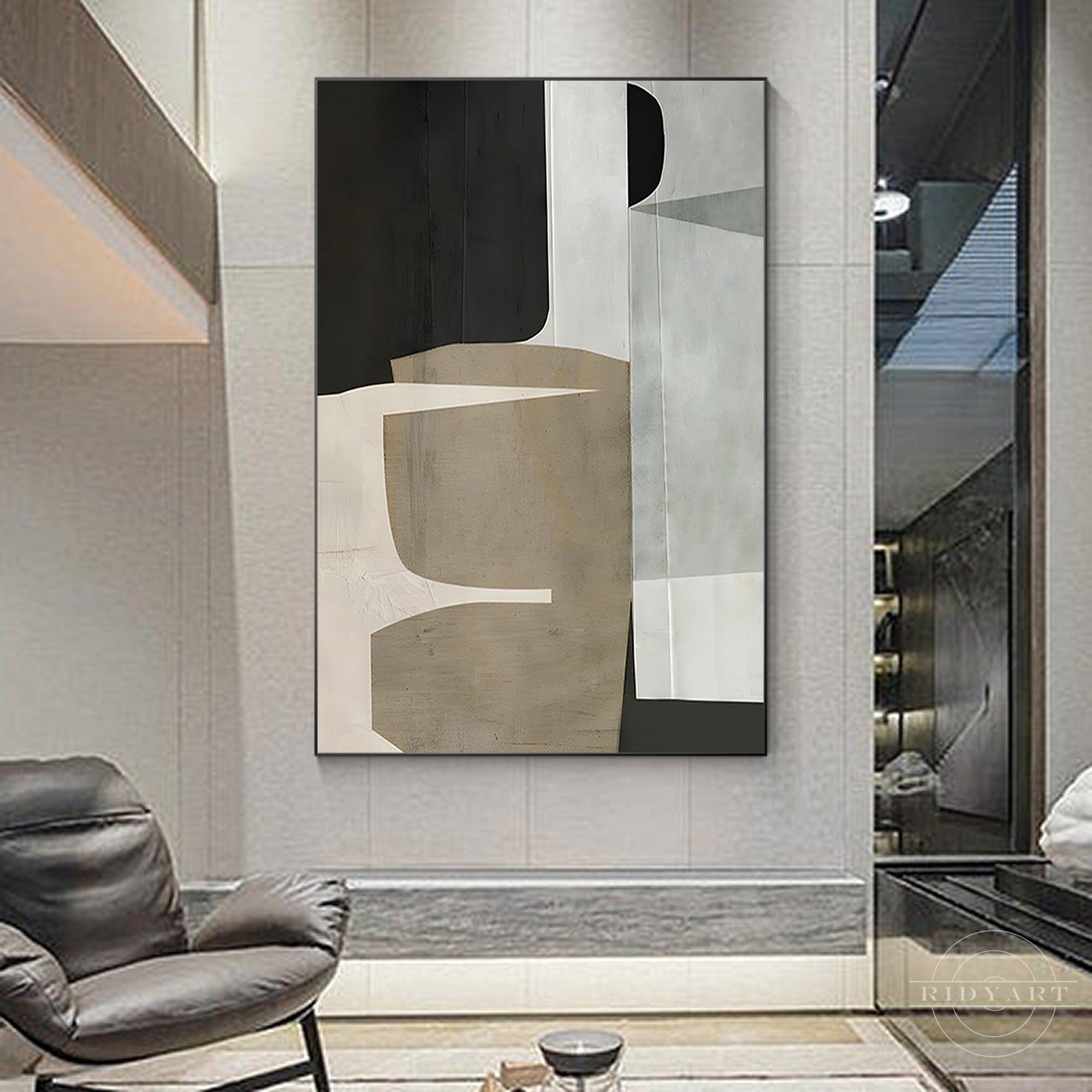 Brown beige black abstract geometric painting on canvas