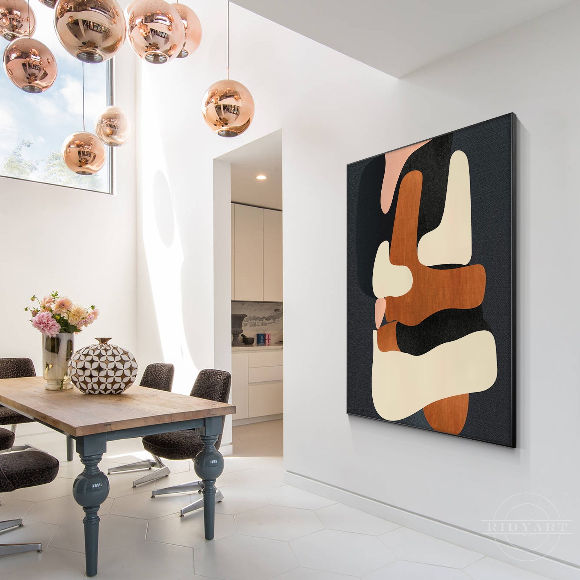 Brown, beige, and black abstract geometric painting on canvas