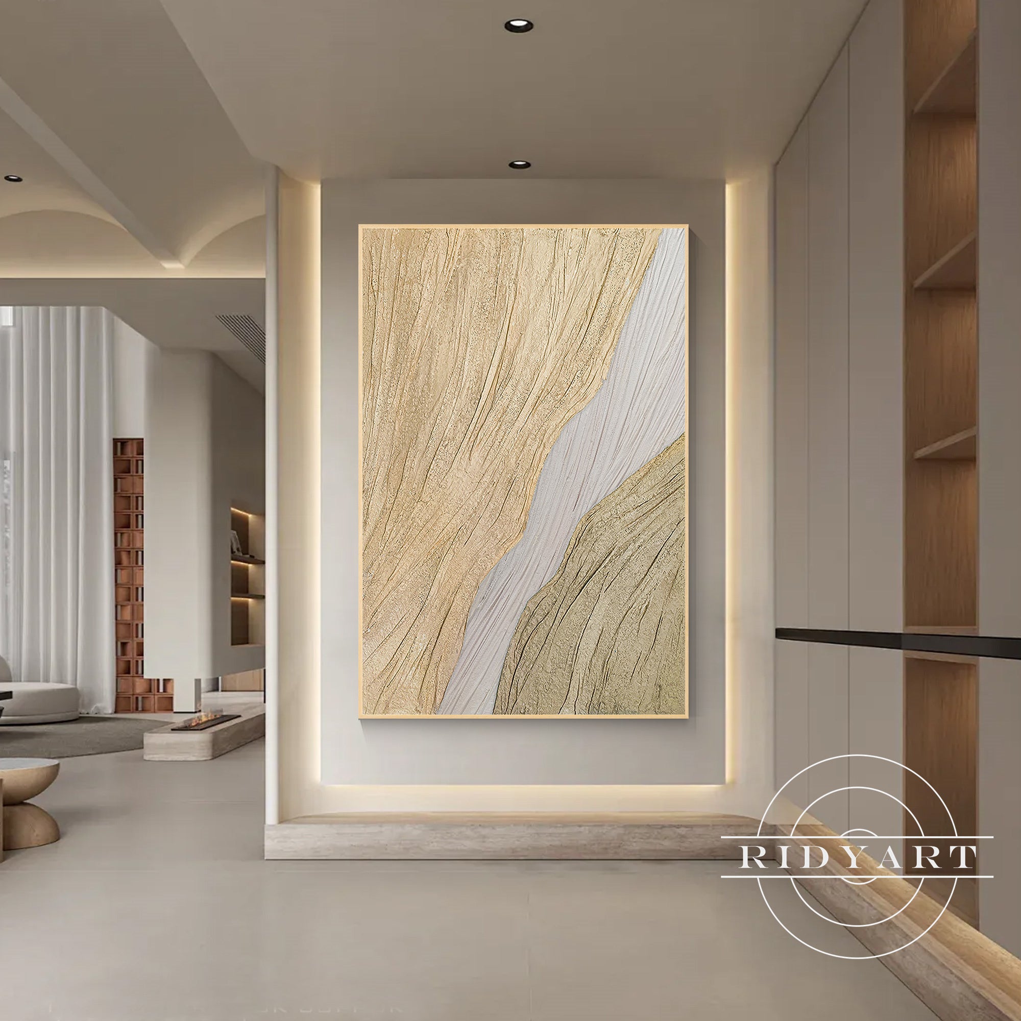 Modern coastal wall decor with gold and neutral tones