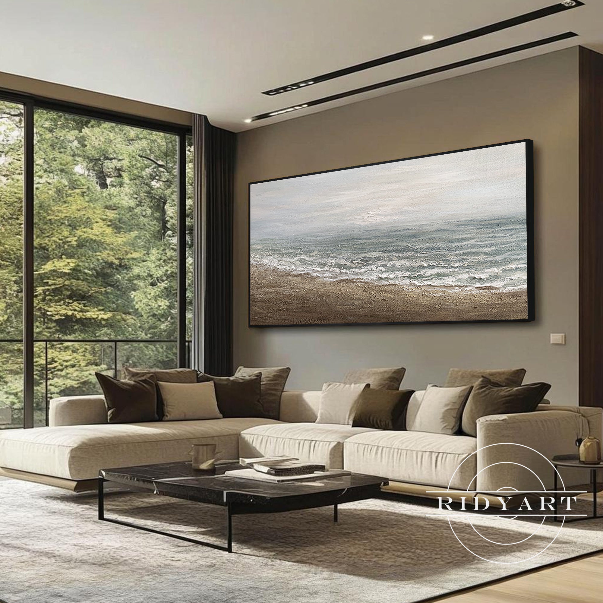 Brown and gray seascape painting for boho living room decor
