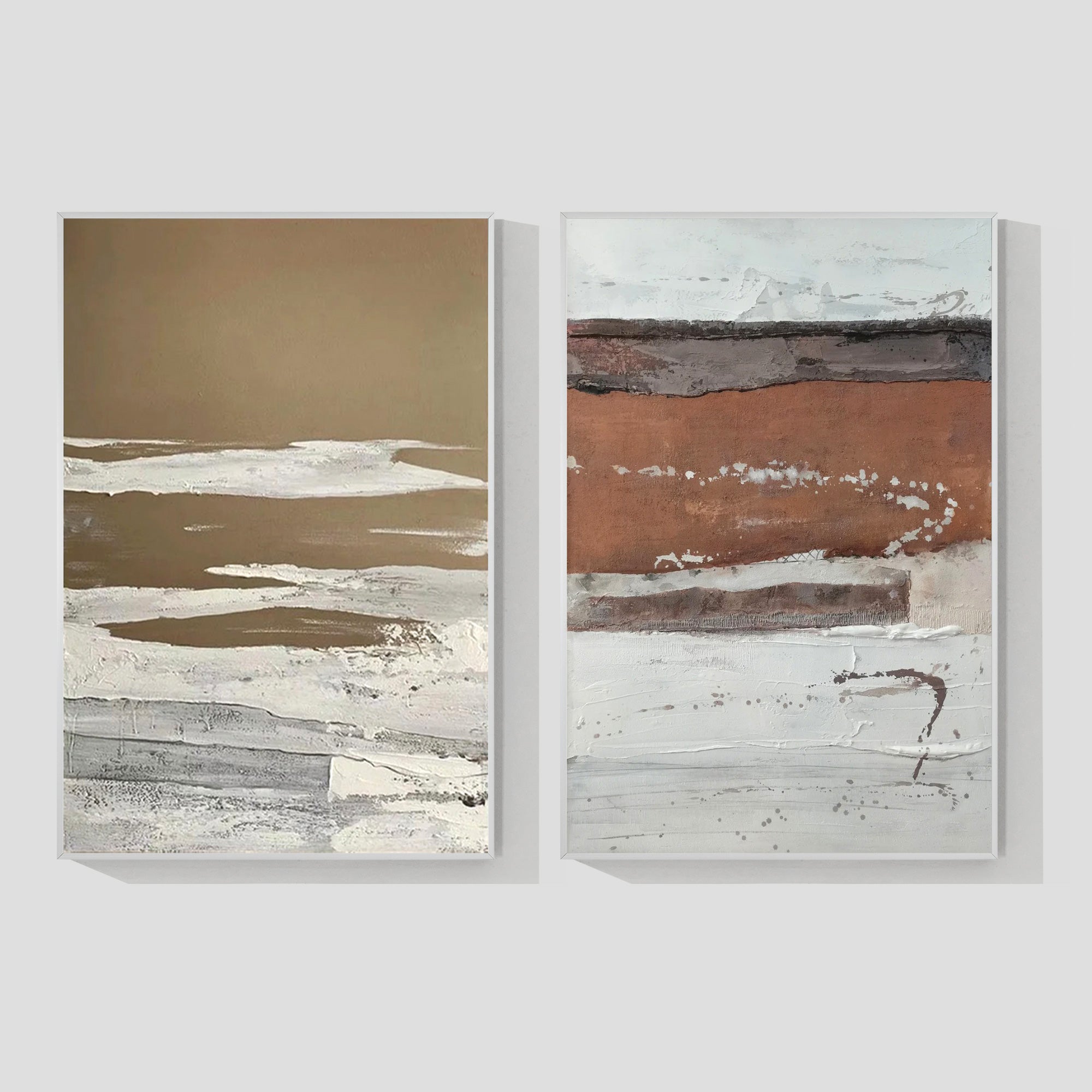 Set of 2 brown and white textured abstract canvas wall art