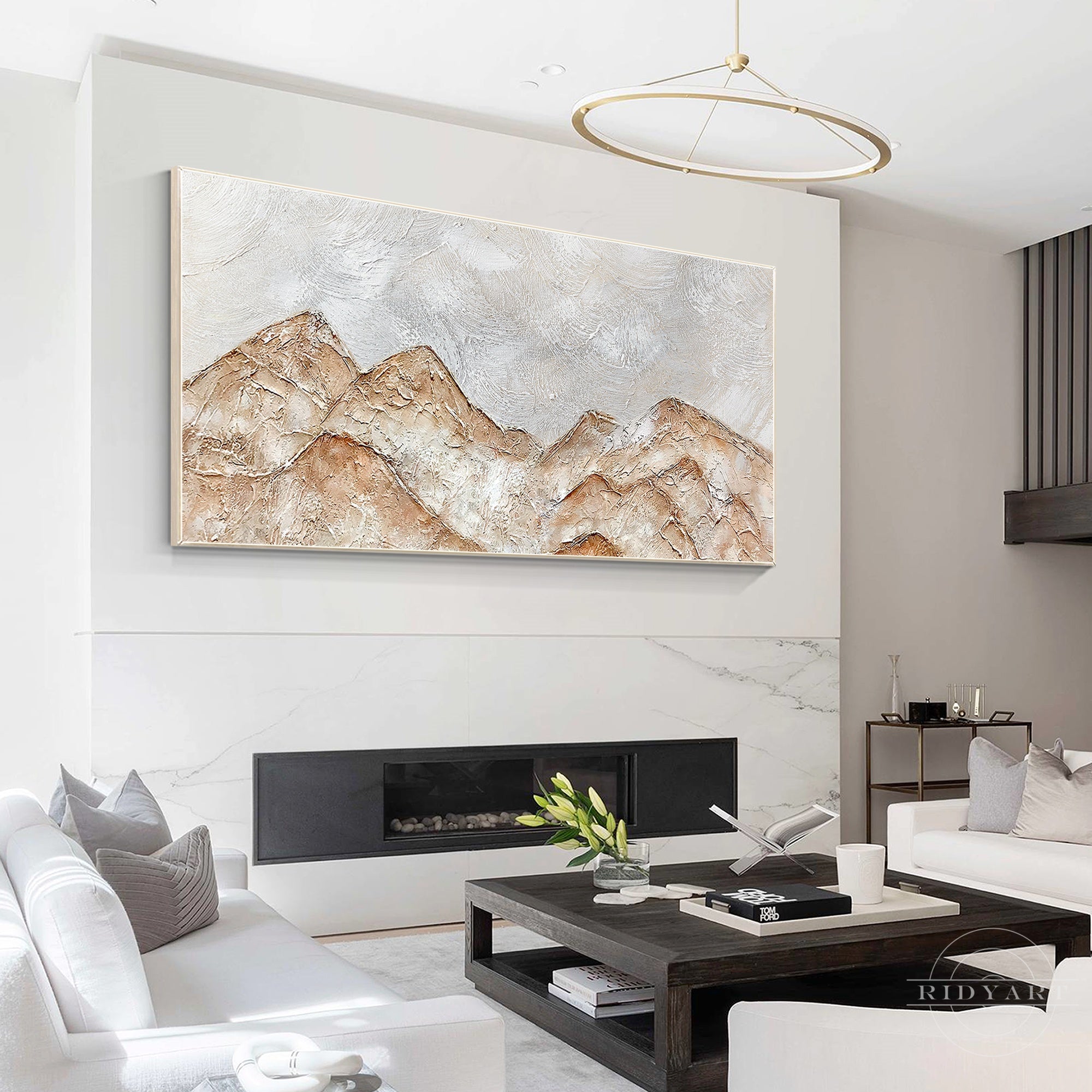 Brown gray abstract mountain landscape painting on canvas.