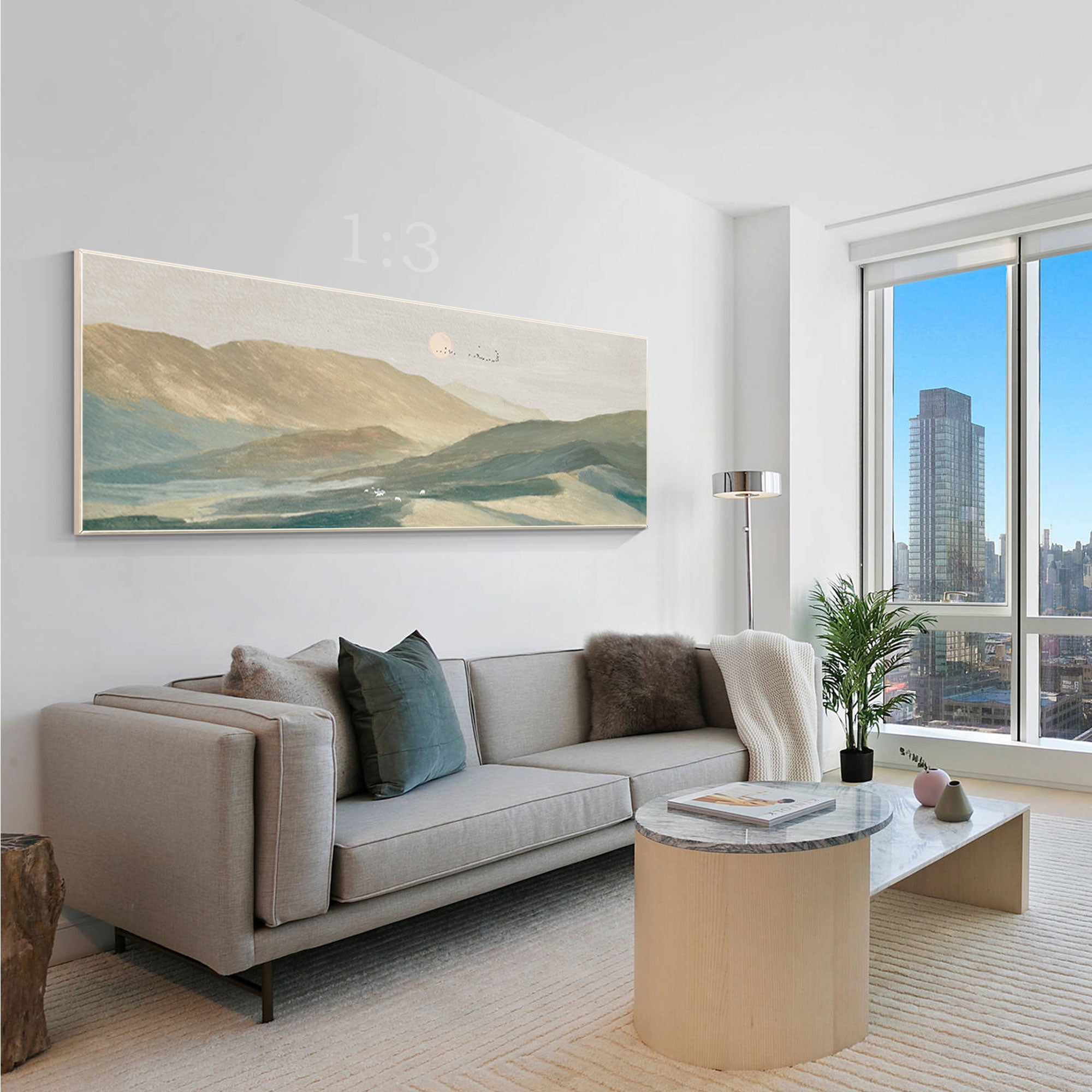 Mountain country landscape oil painting featuring a warm sunset in brown and green tones. Horizontal wall art for farmhouse or rustic living room decor.