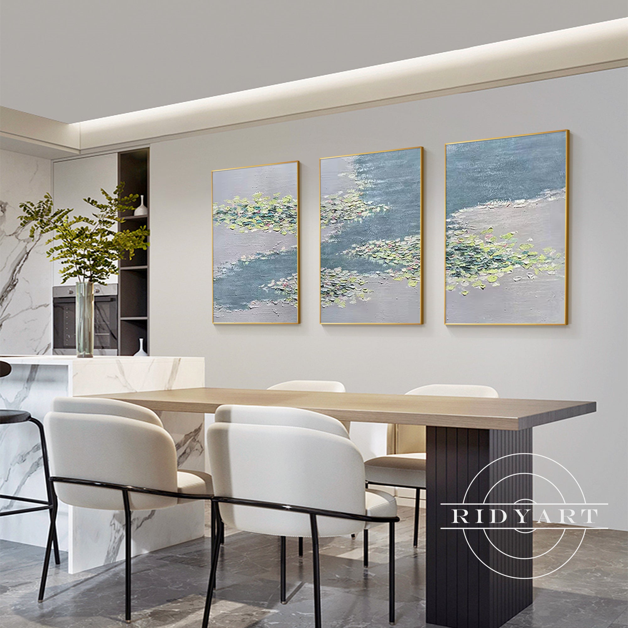 Horizontal abstract pond artwork with calming tones