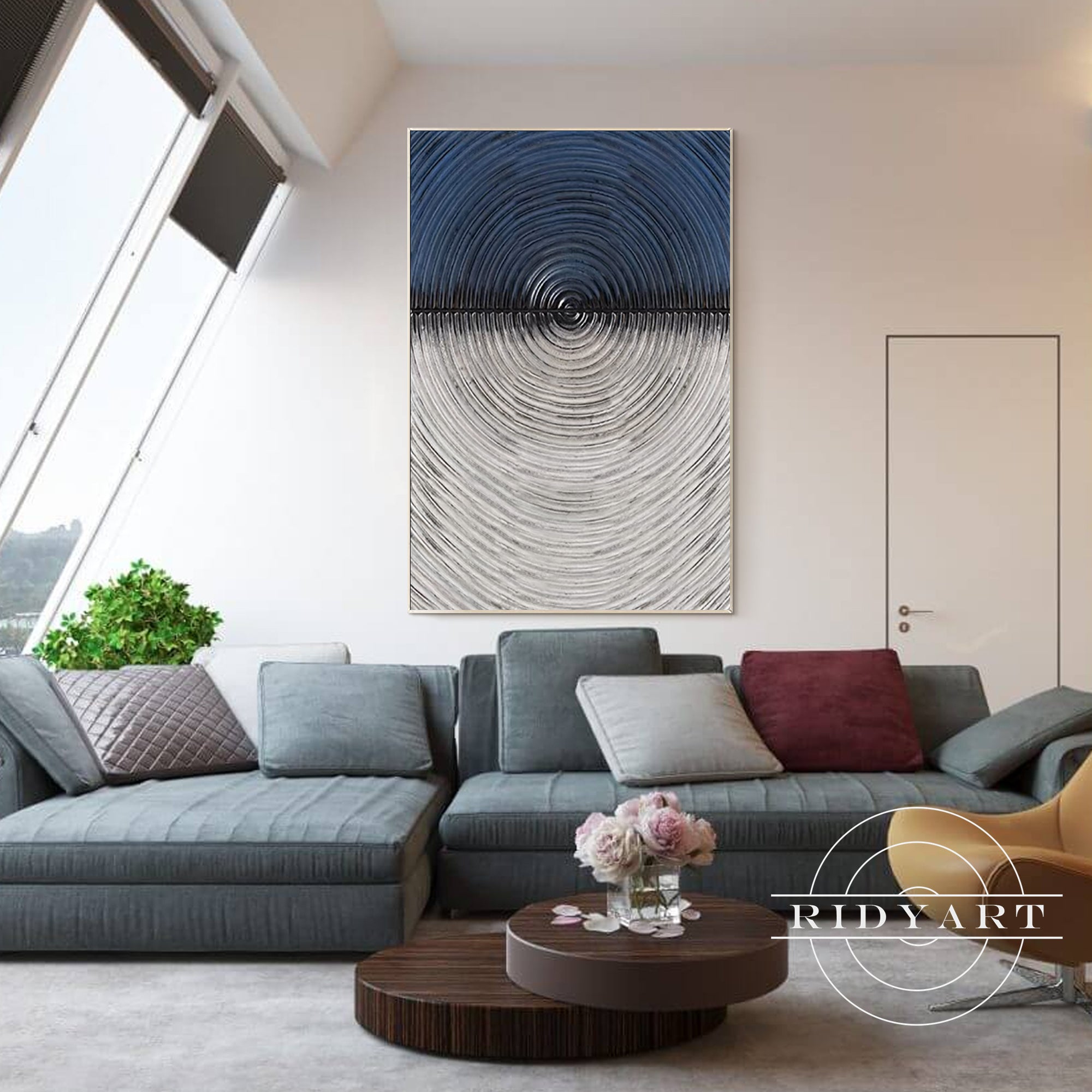 Minimalist navy blue living room painting
