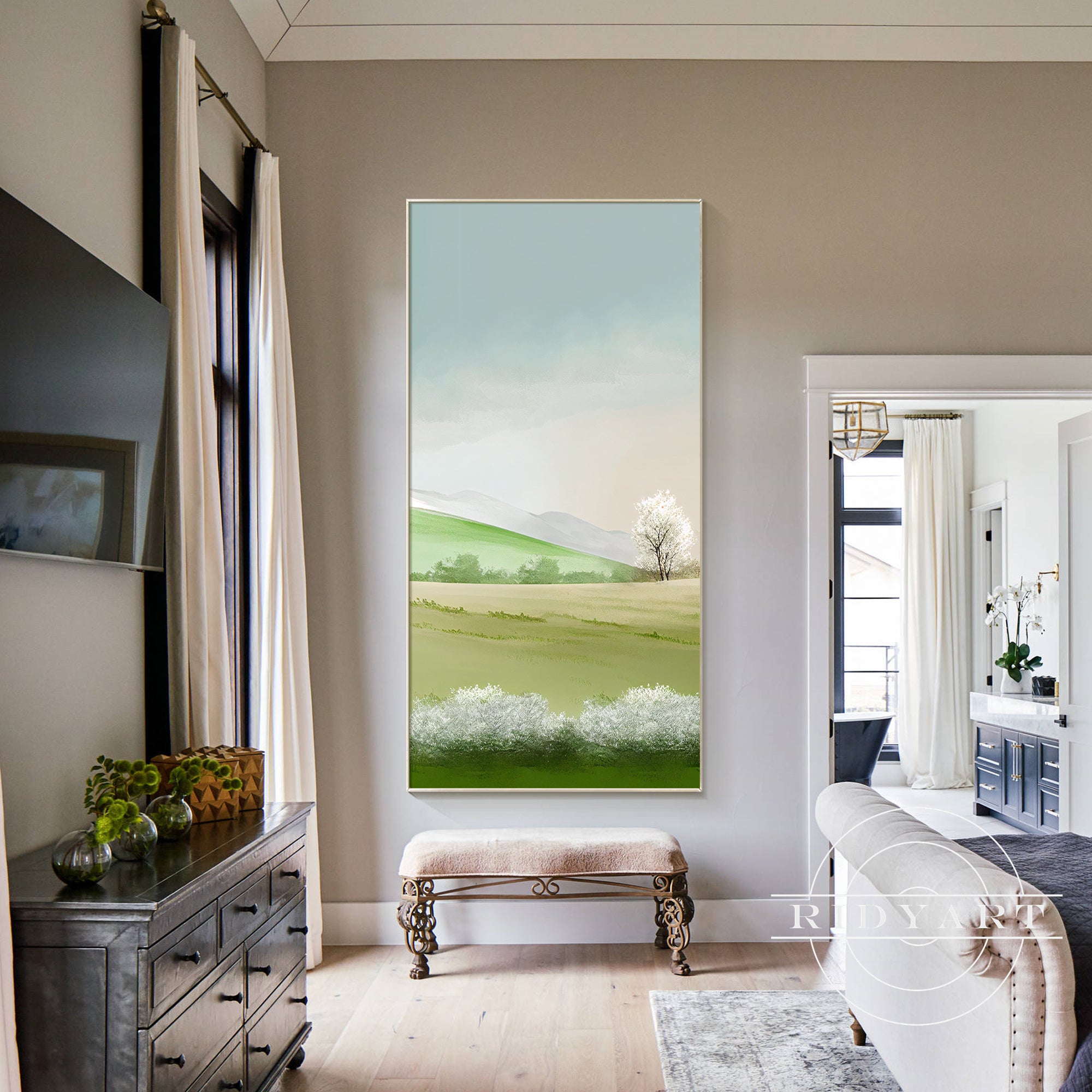 Horizontal grassland artwork in blue green
