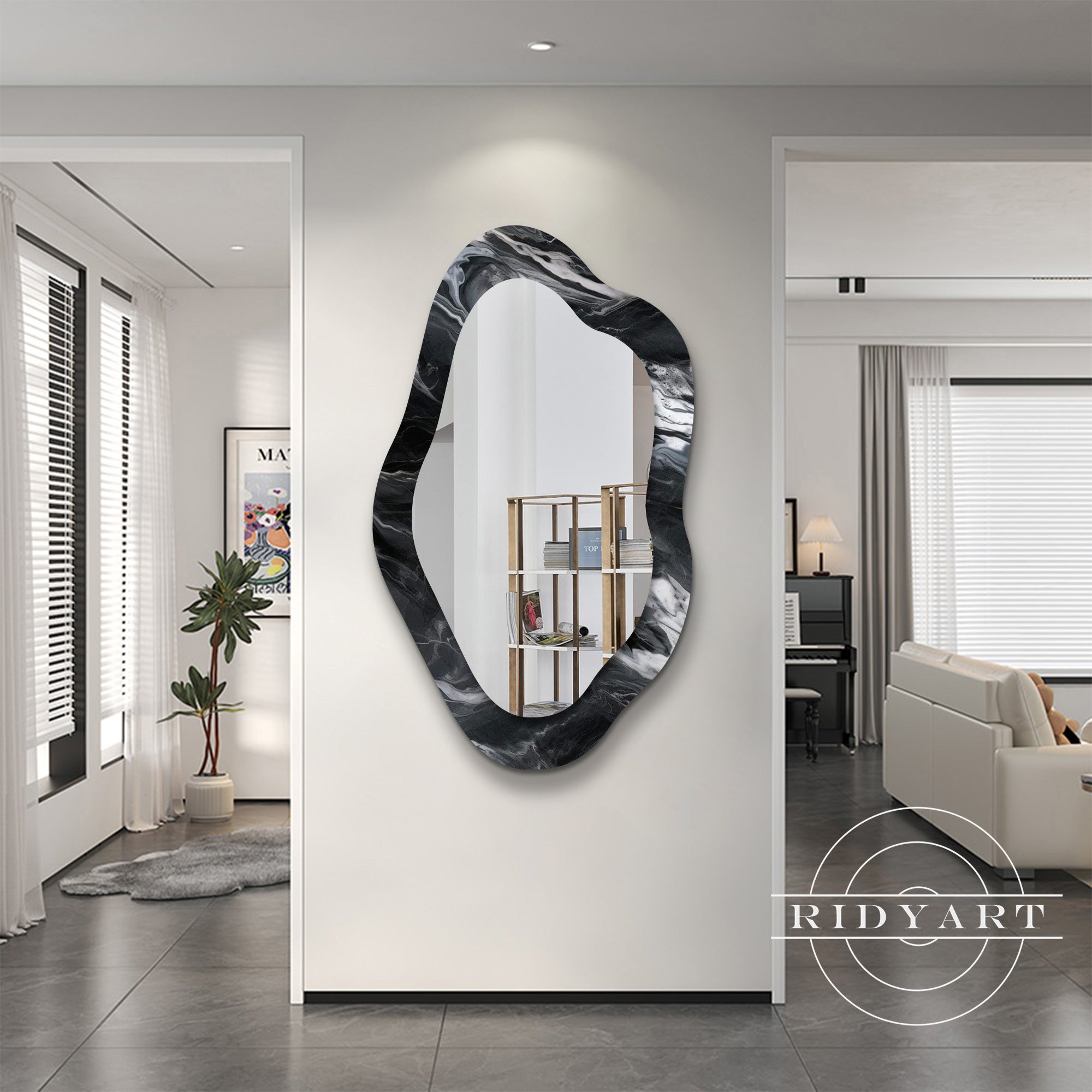 Charcoal black marbled mirror artwork for bathroom wall