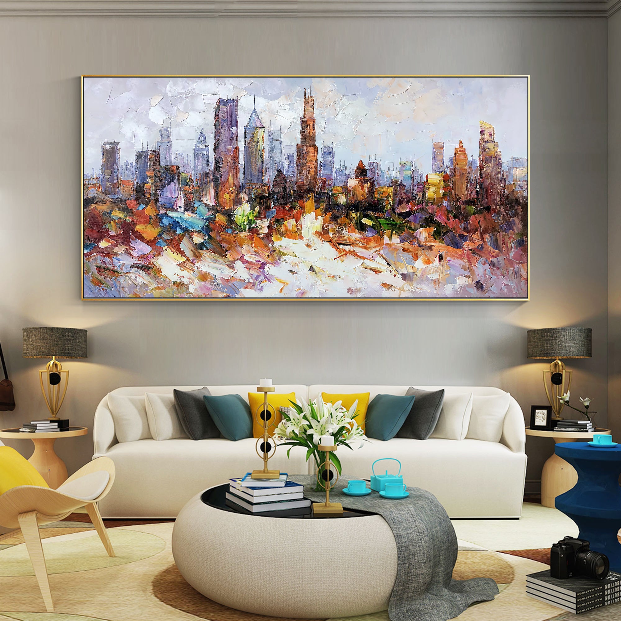 Chicago cityscape wall art, featuring textured abstract painting.
