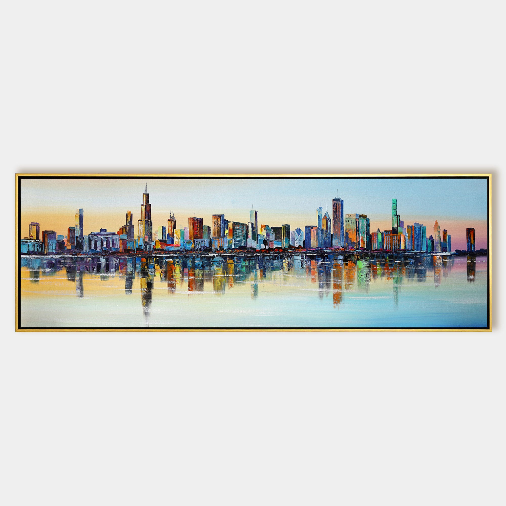 Textured painting of Chicago skyline at sunset for home decor.