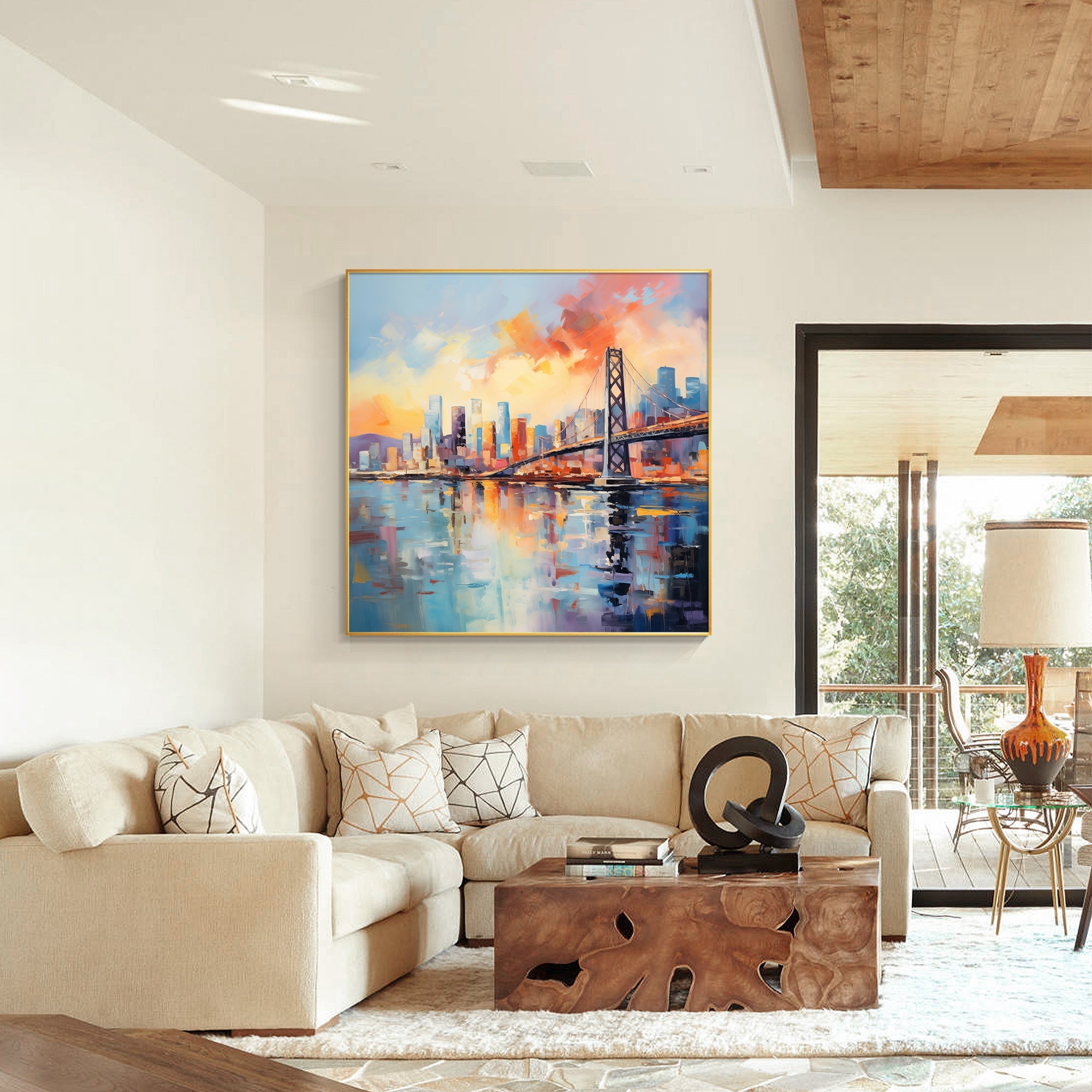 Navy blue and orange abstract bridge painting for home decor