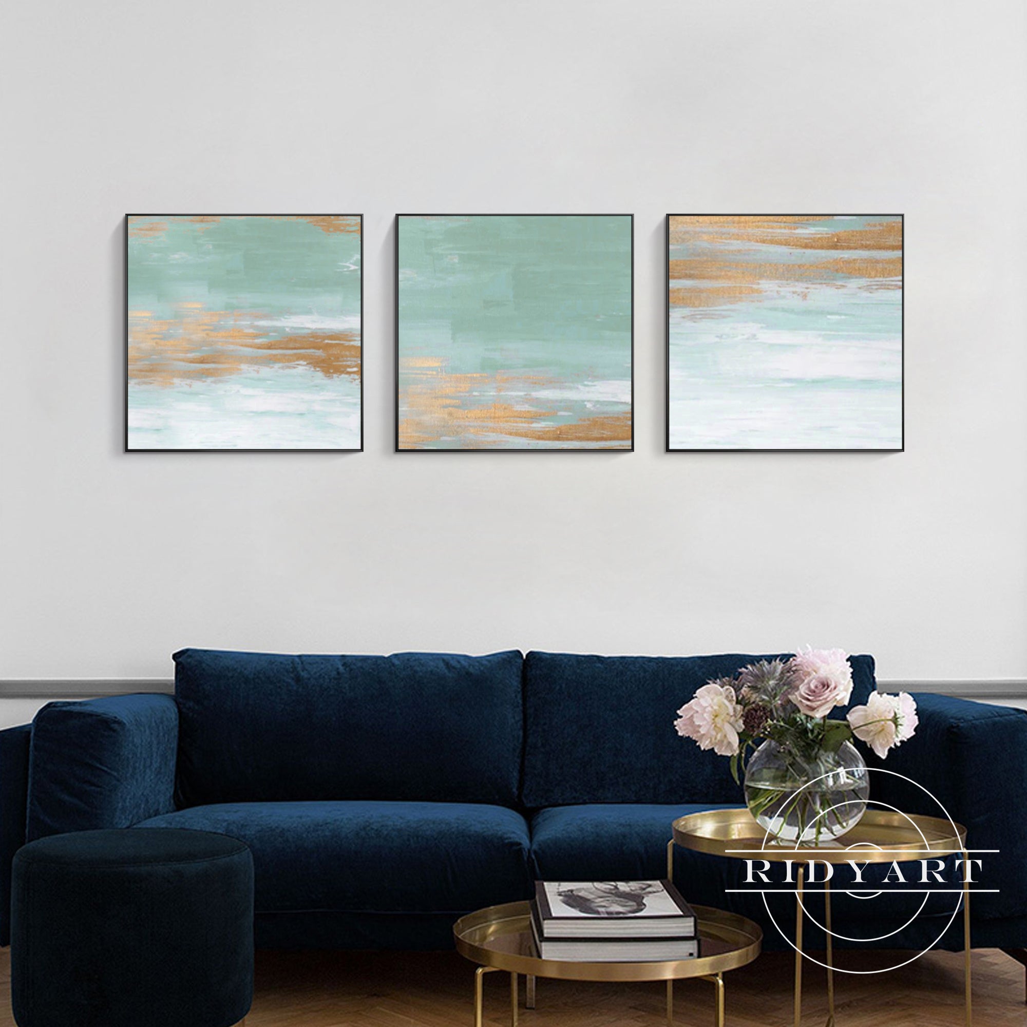 Coastal abstract wall art with blue green sea and sandy shore