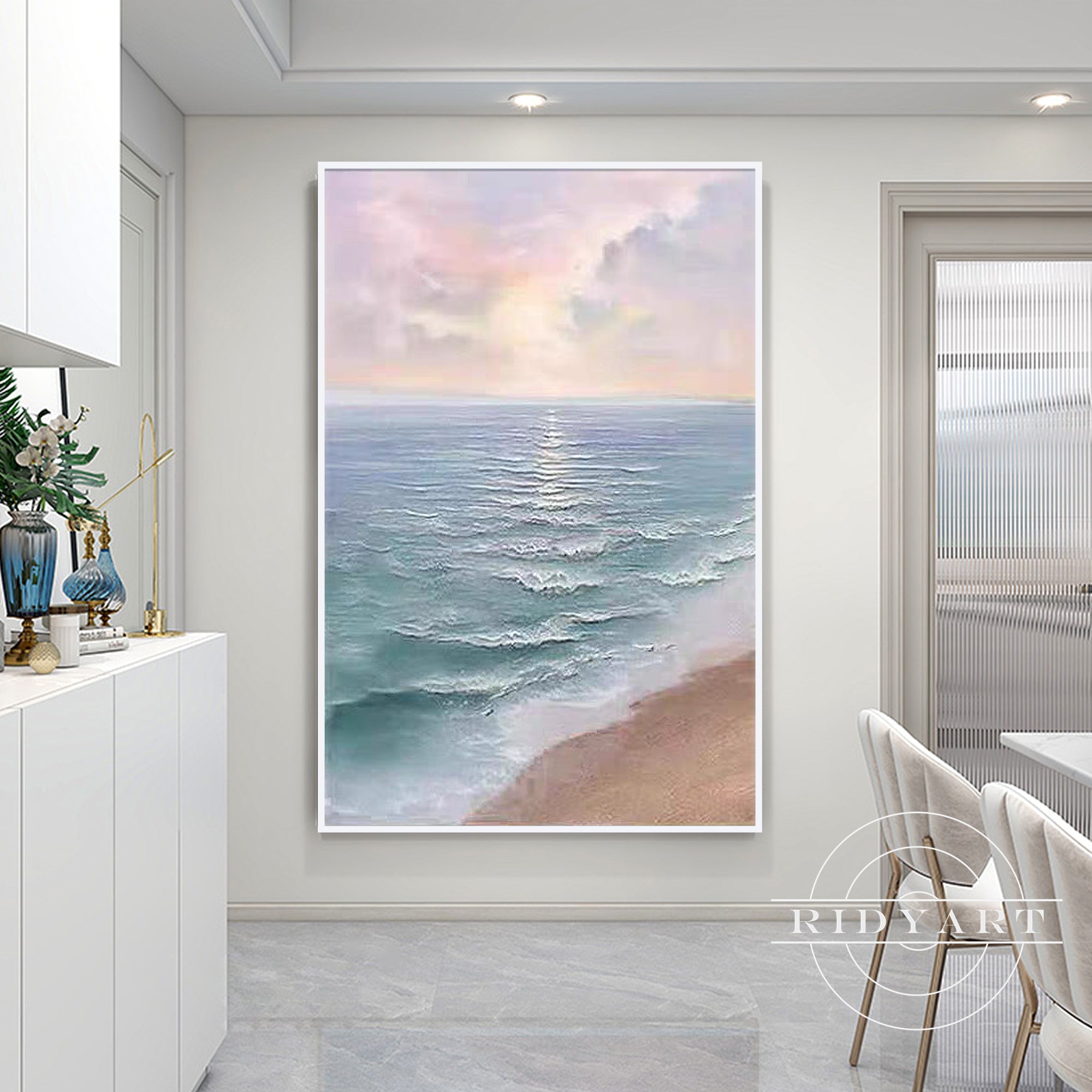 Modern teal and beige sea painting