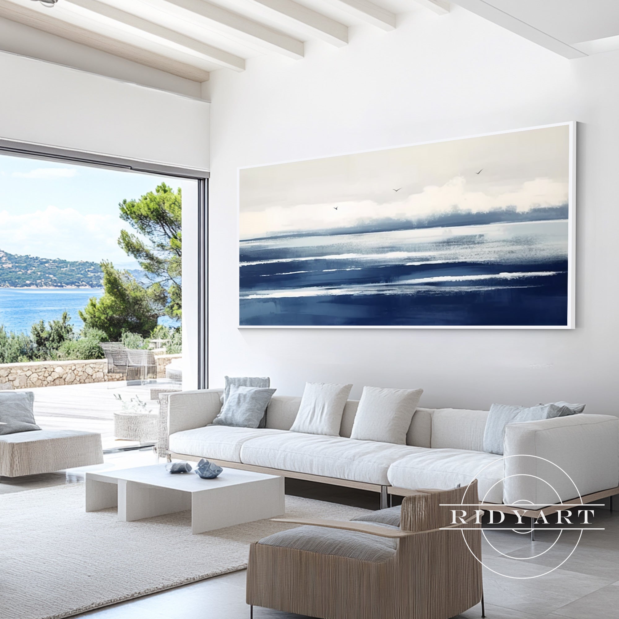 Minimalist coastal wall art featuring serene ocean view