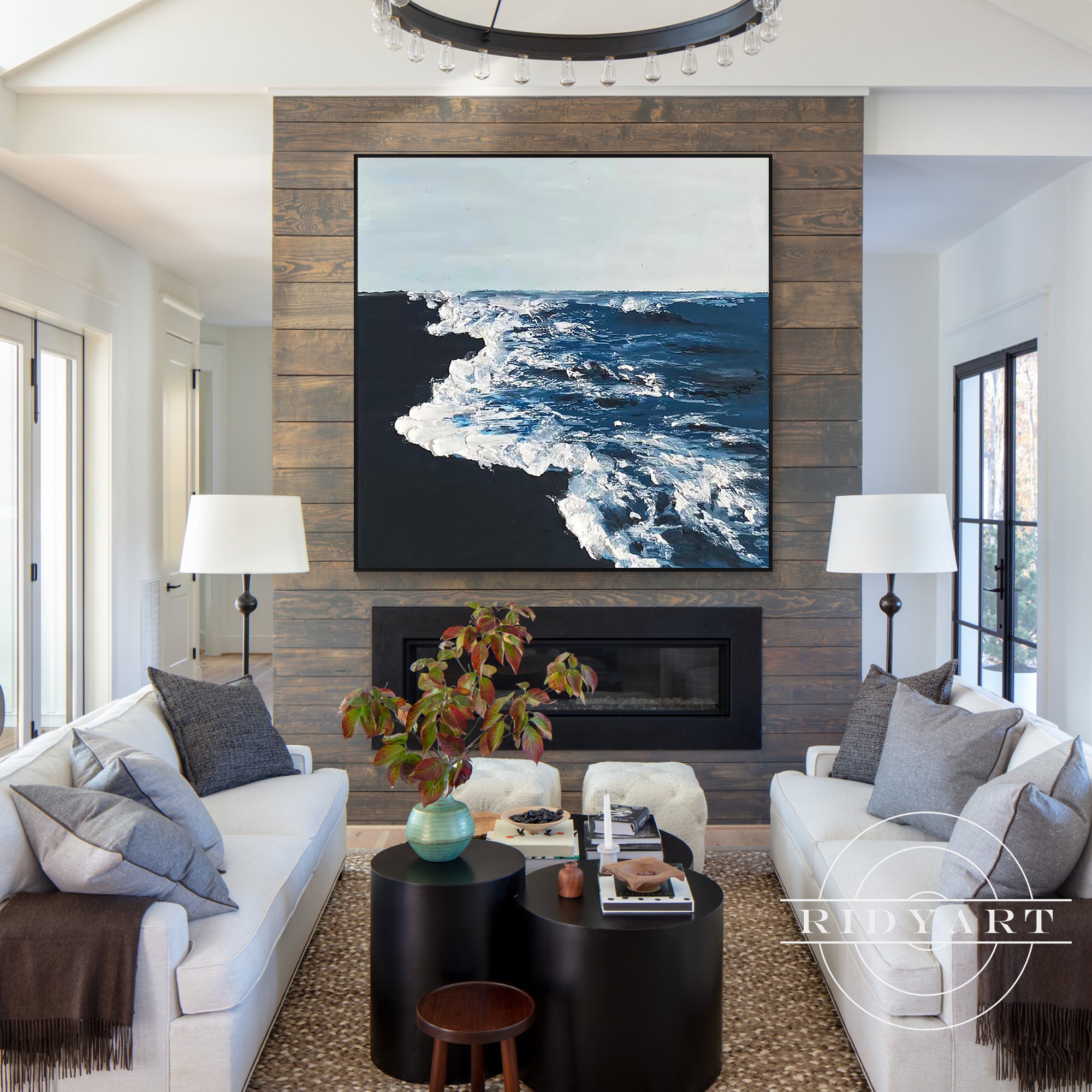 Contemporary navy blue and white ocean wall art