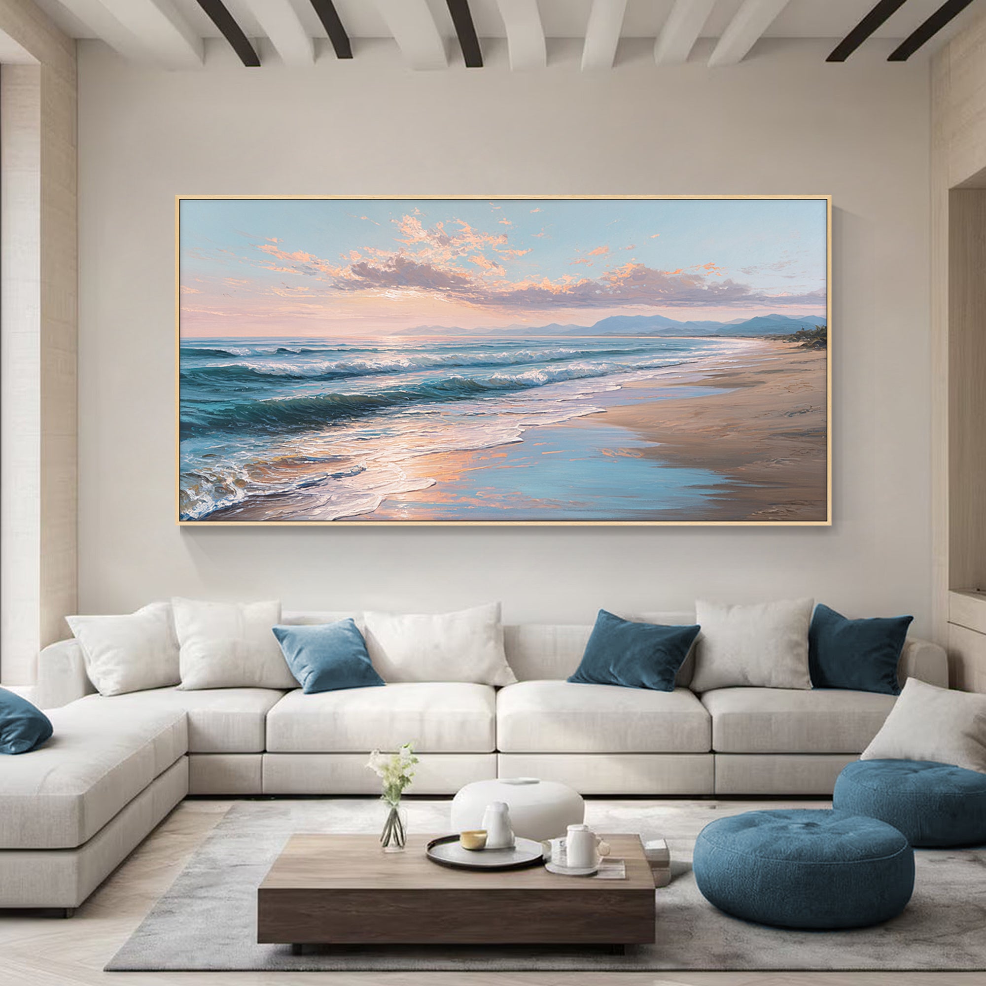 Large coastal sunset canvas wall art above modern living room sofa