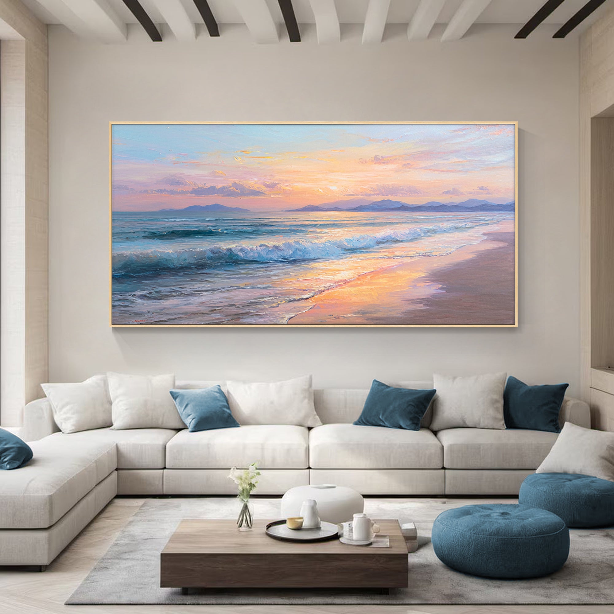 Large coastal sunset canvas wall art above modern living room sofa