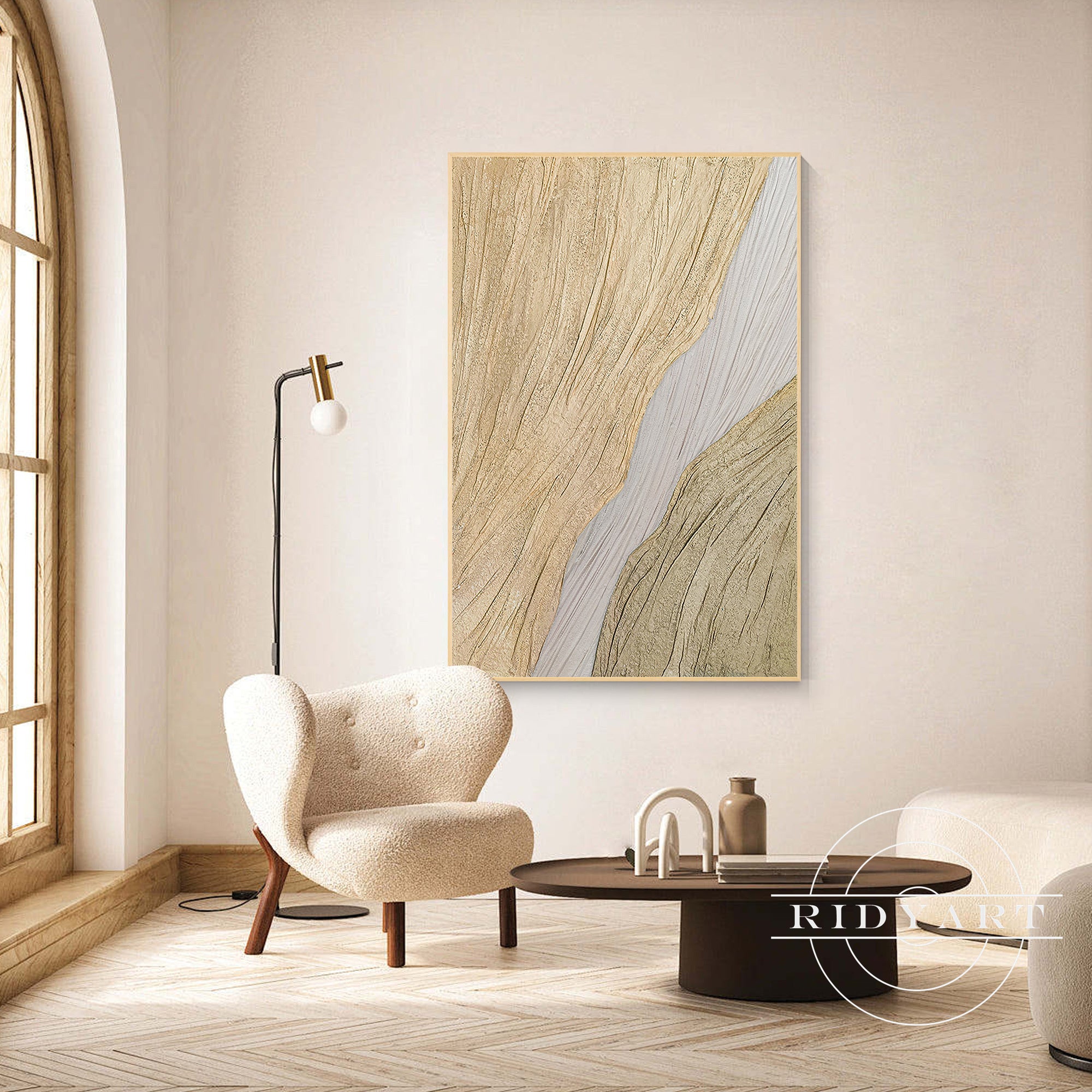 Brown and gold wave painting with sculptural texture on canvas