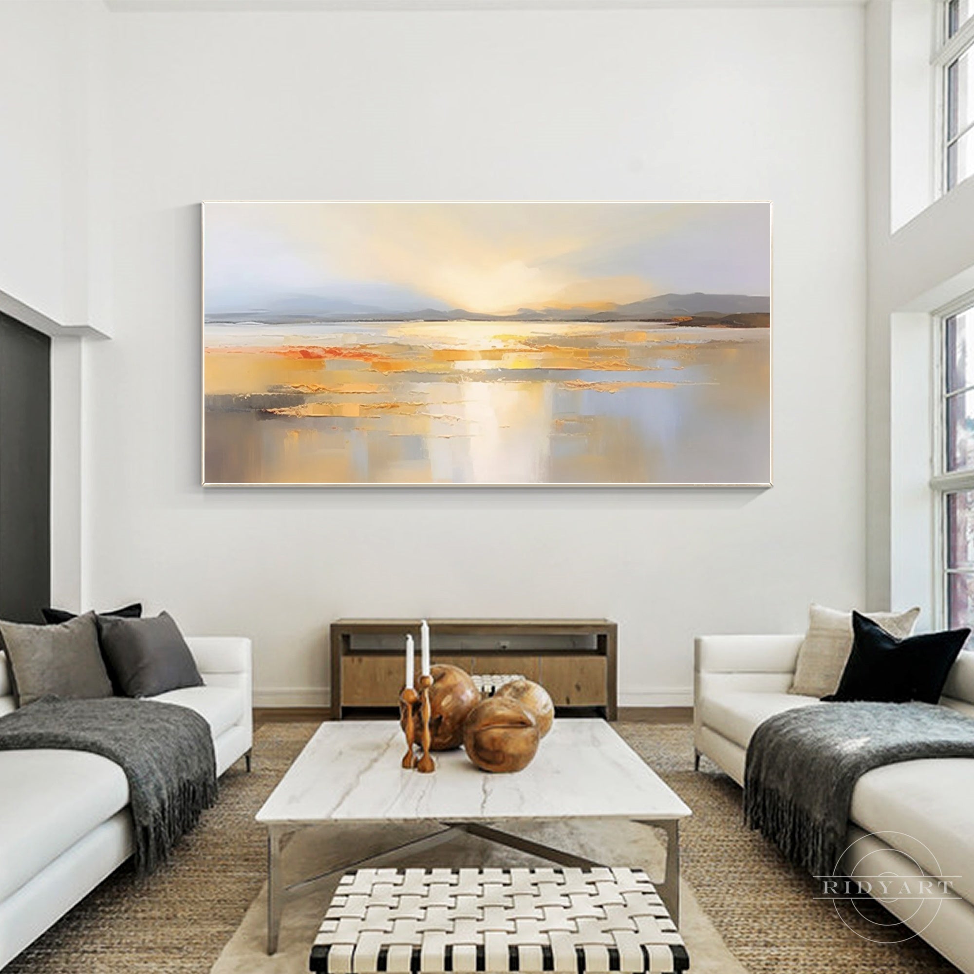 Seascape sunrise painting on canvas with ocean textures.