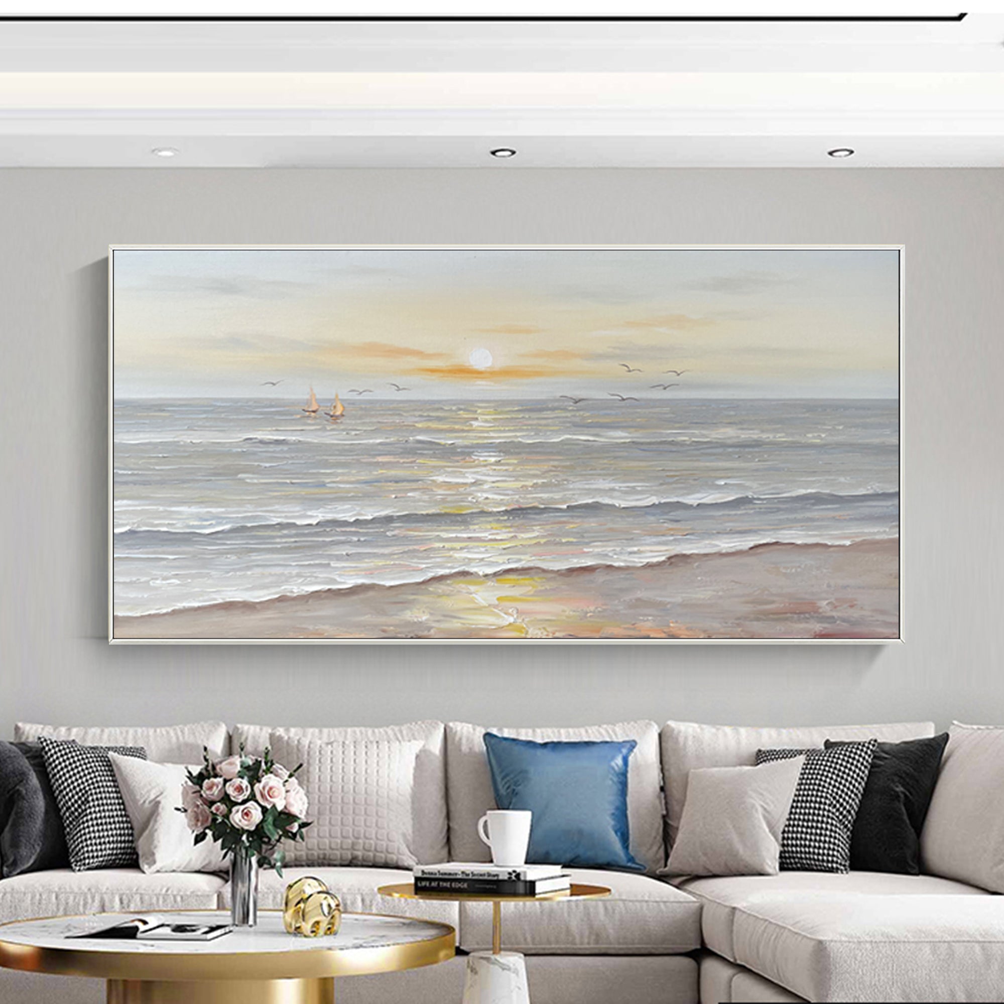 Coastal beach sunset landscape textured painting on canvas with warm colors.