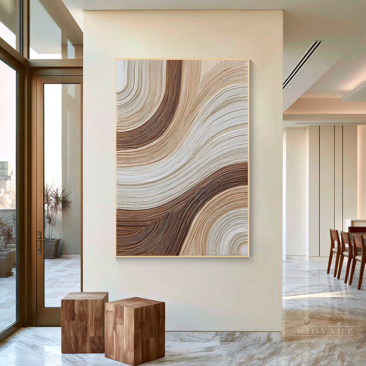 Close-up view of heavy impasto wave lines in rich coffee brown, warm beige, and cream plaster texture.