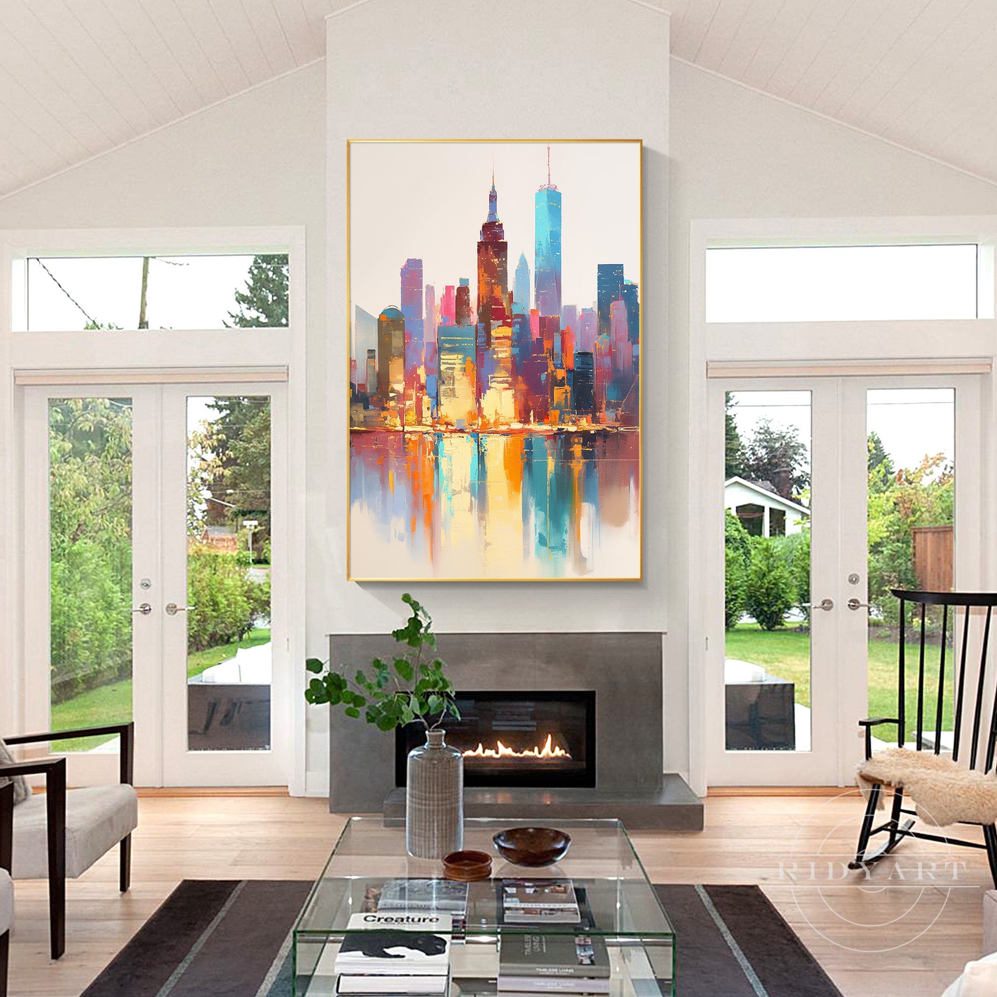 Modern cityscape painting featuring colorful wall art in abstract style.
