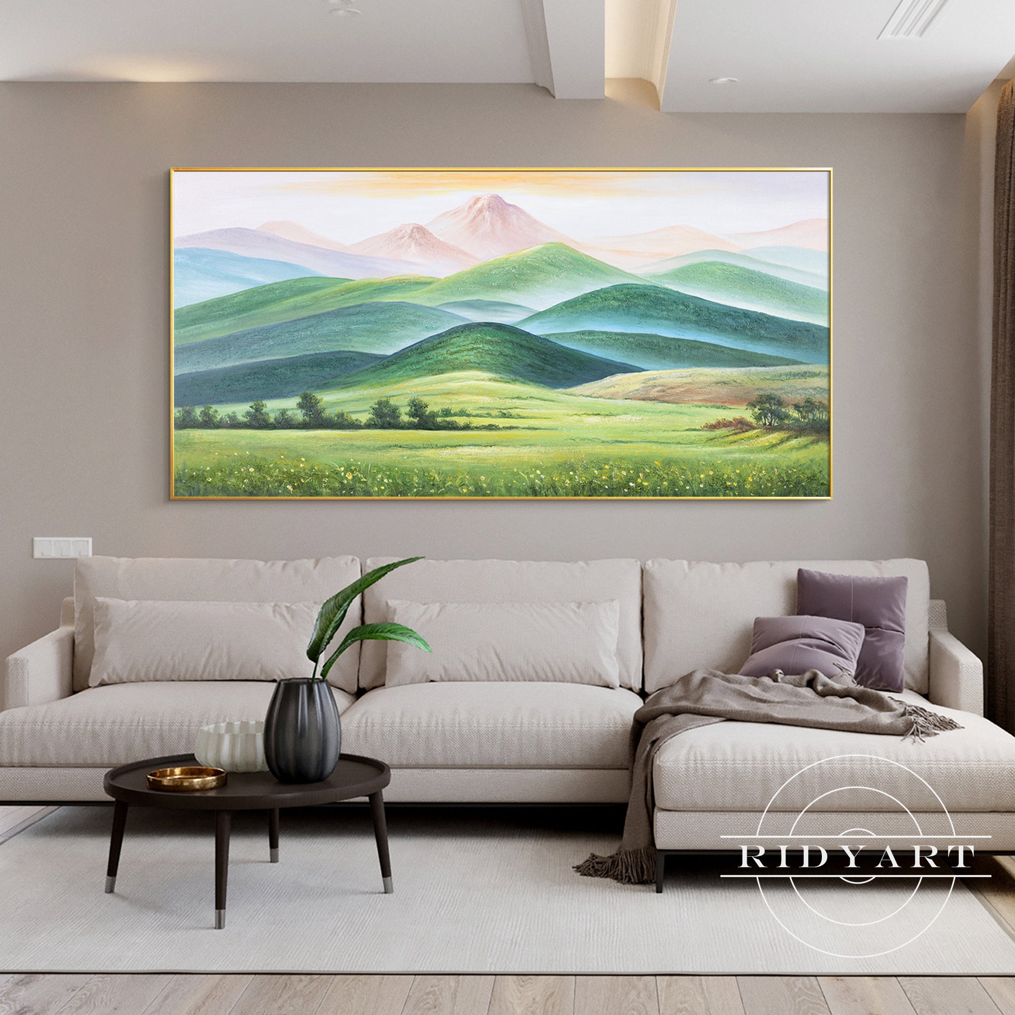 Large mountain scene in turquoise and vibrant tones