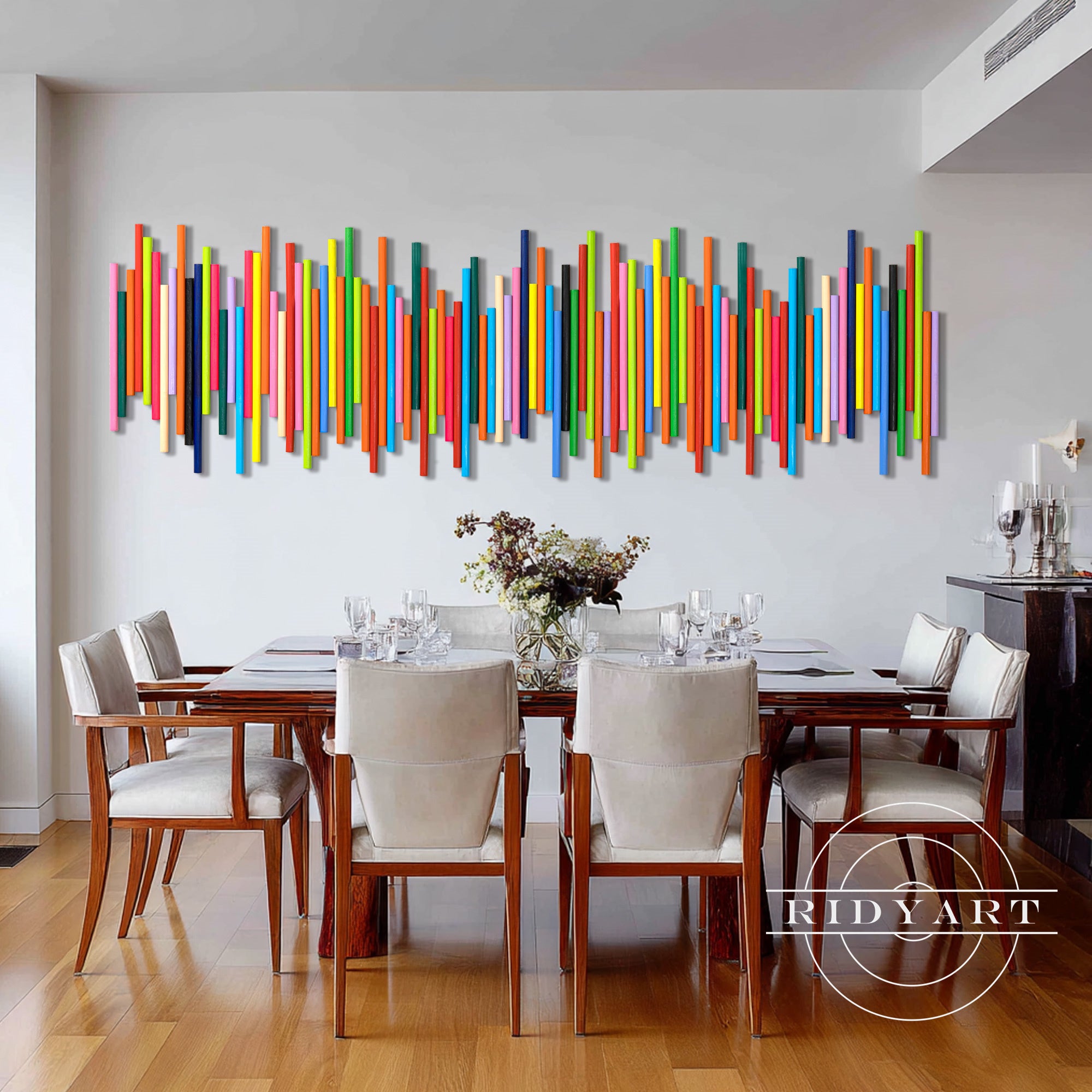 Geometric wooden wall decor with colorful wood slats