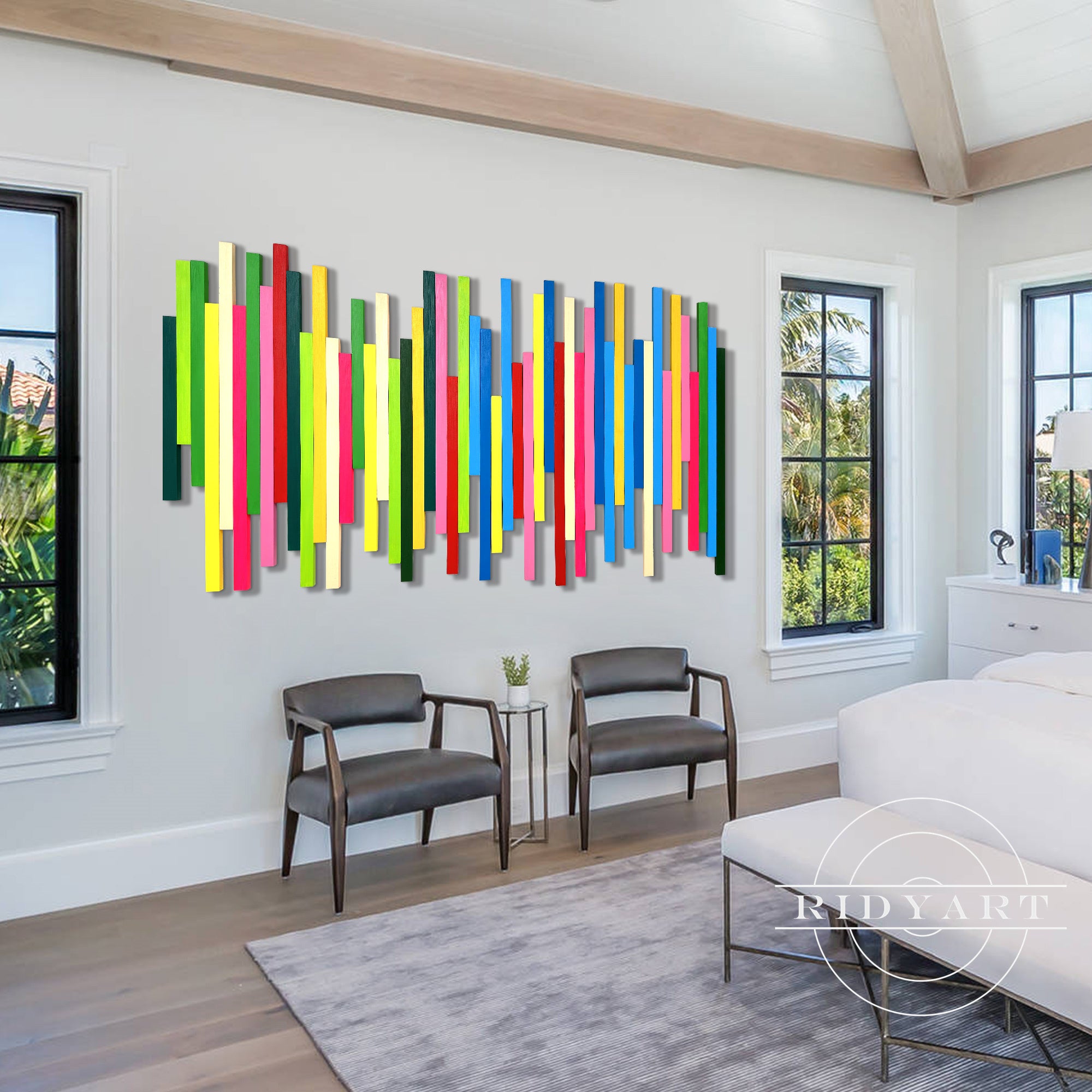 Colorful wood slat wall art with abstract sound wave design
