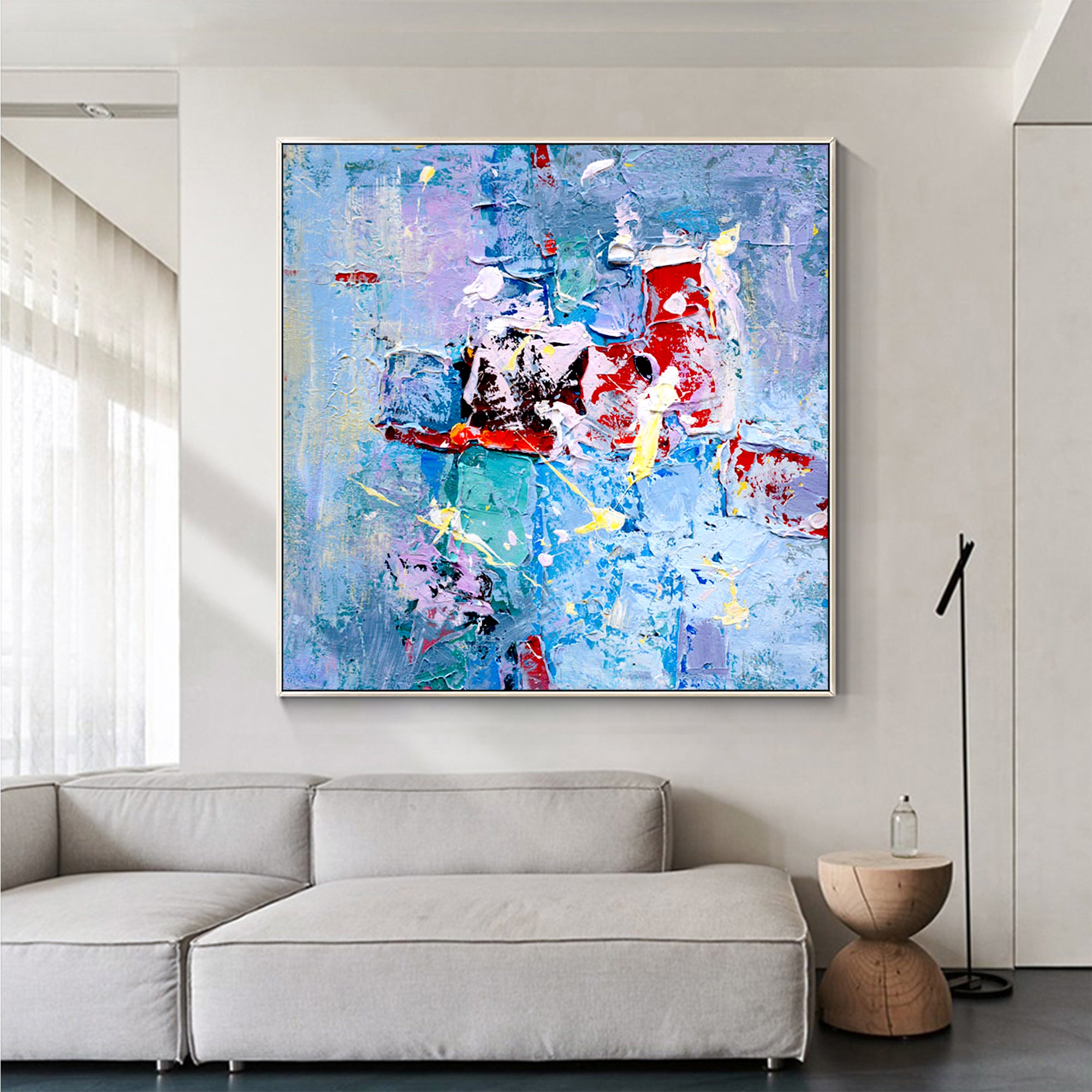 Abstract painting with colorful textures. Square wall art for modern interior decor, adding vibrancy and energy to living rooms, bedrooms, and offices.