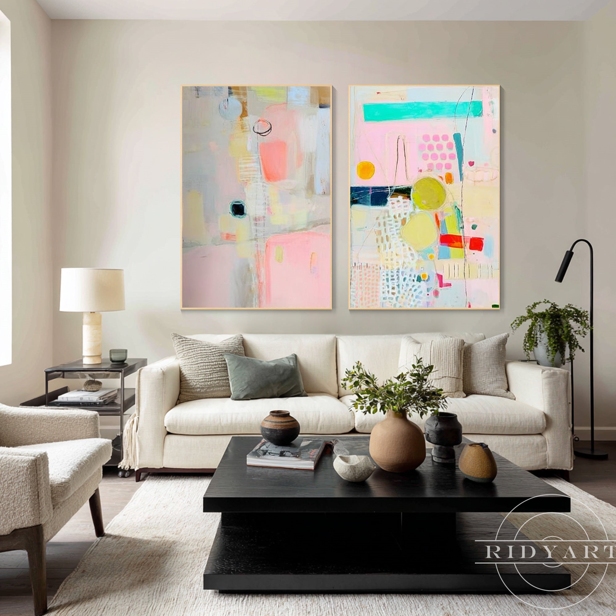 Modern gallery wall artwork pair with circles, lines, and geometric patterns.
