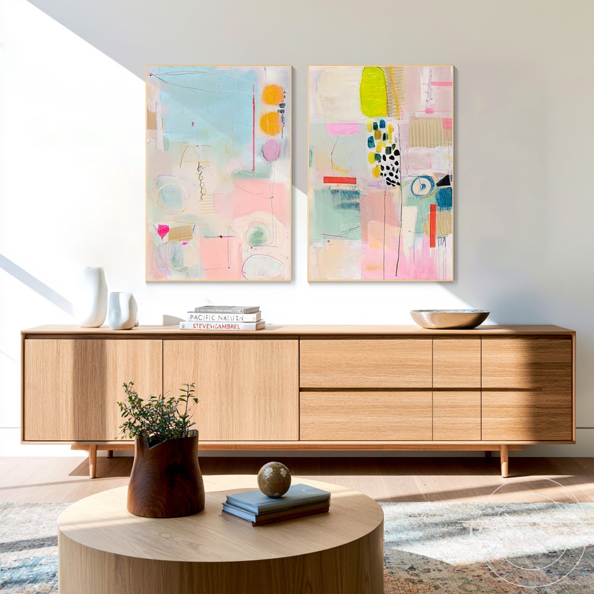 Large vertical abstract paintings creating a sophisticated focal point in any room.