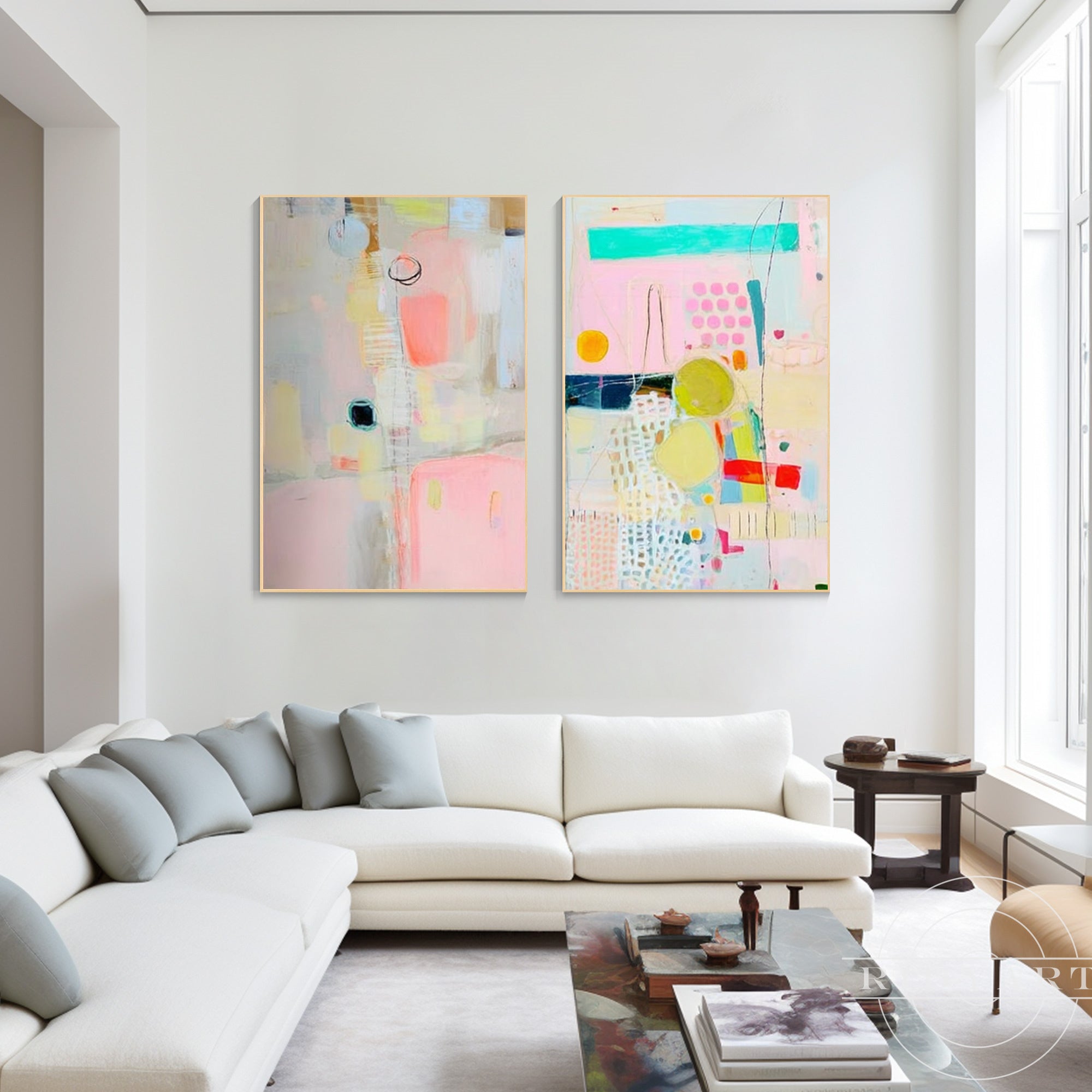 Modern geometric canvas artwork with blush pink and turquoise accents.