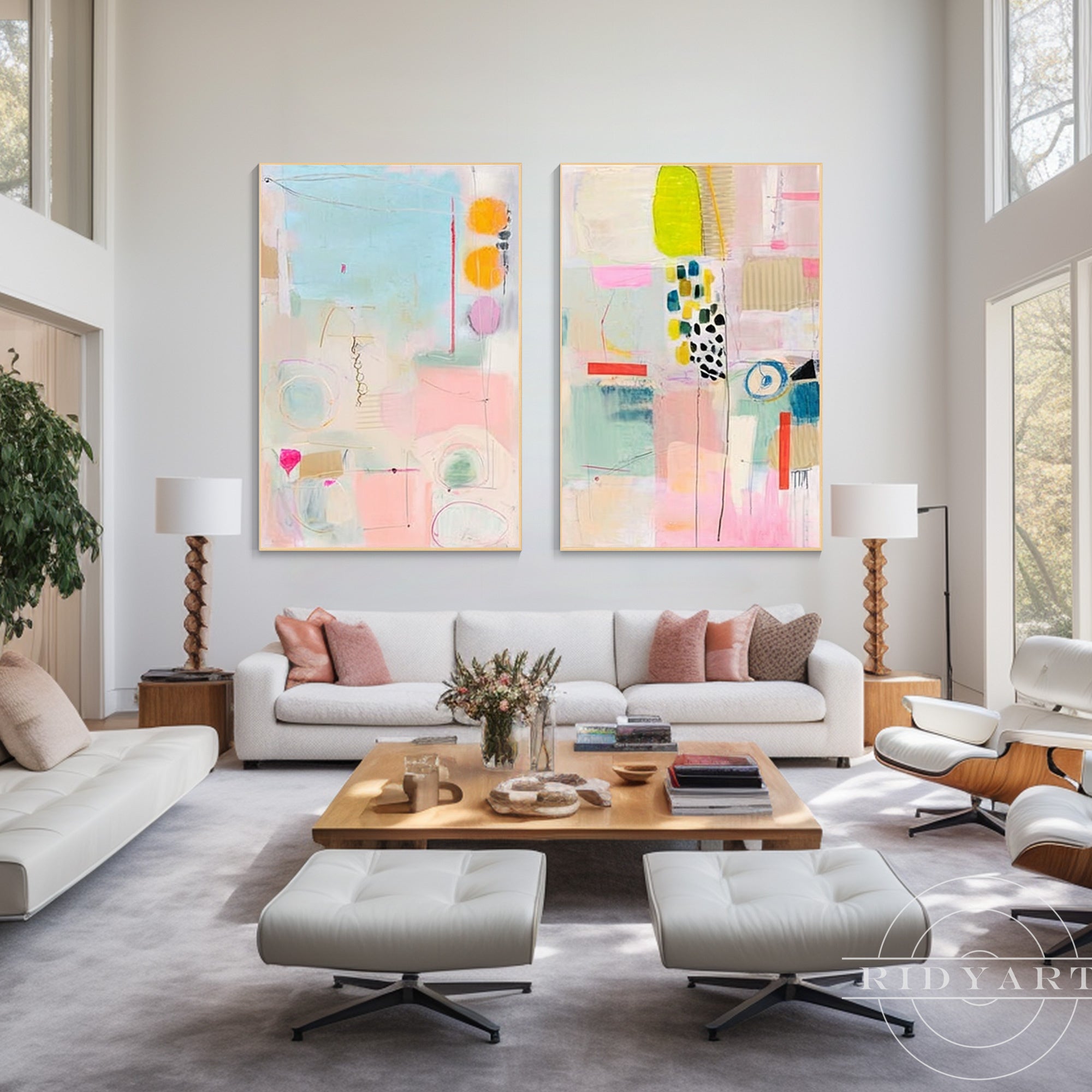 Luxury abstract wall art set with blush pink, aqua blue, and cream accents.