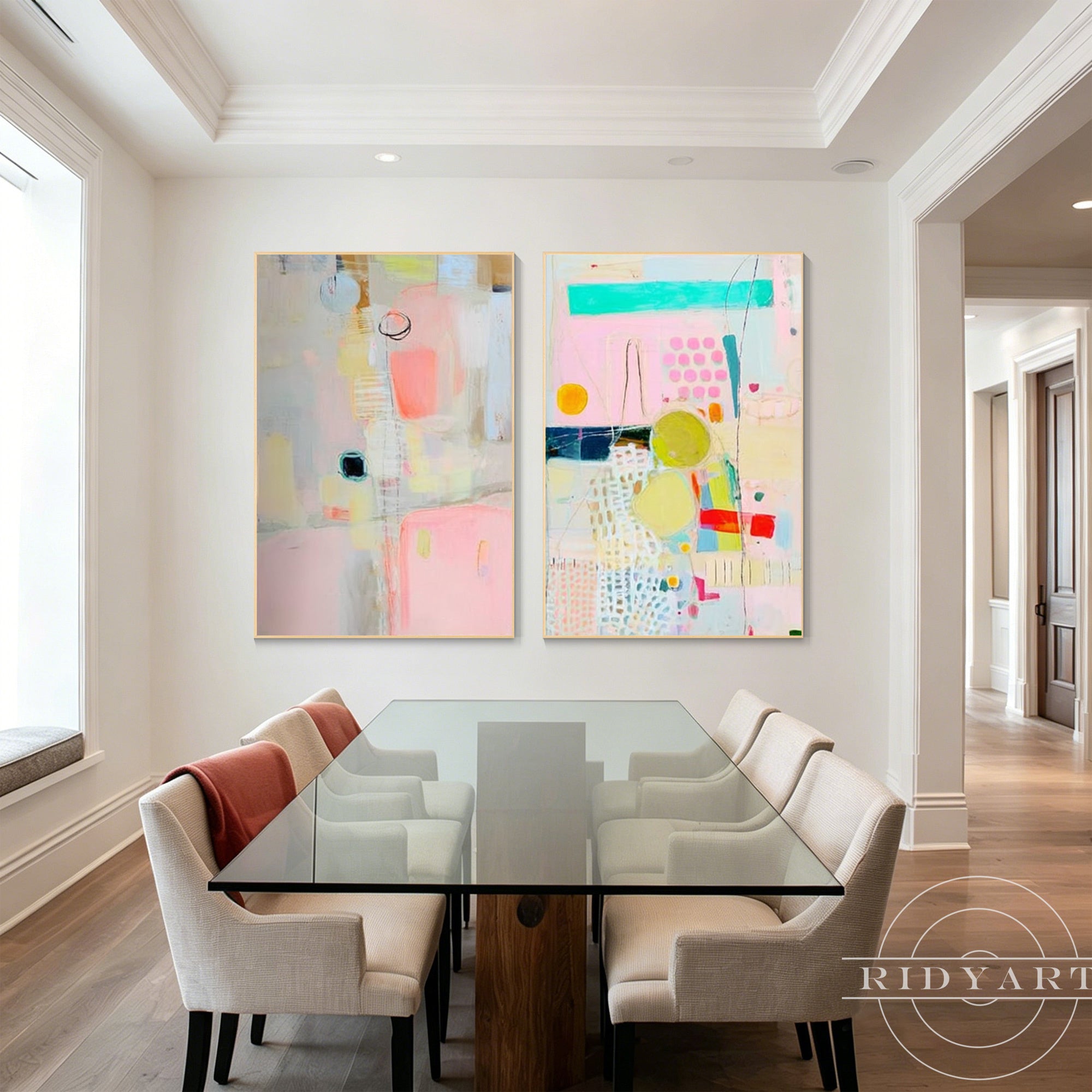 Abstract geometric paintings designed for modern home and apartment decor.