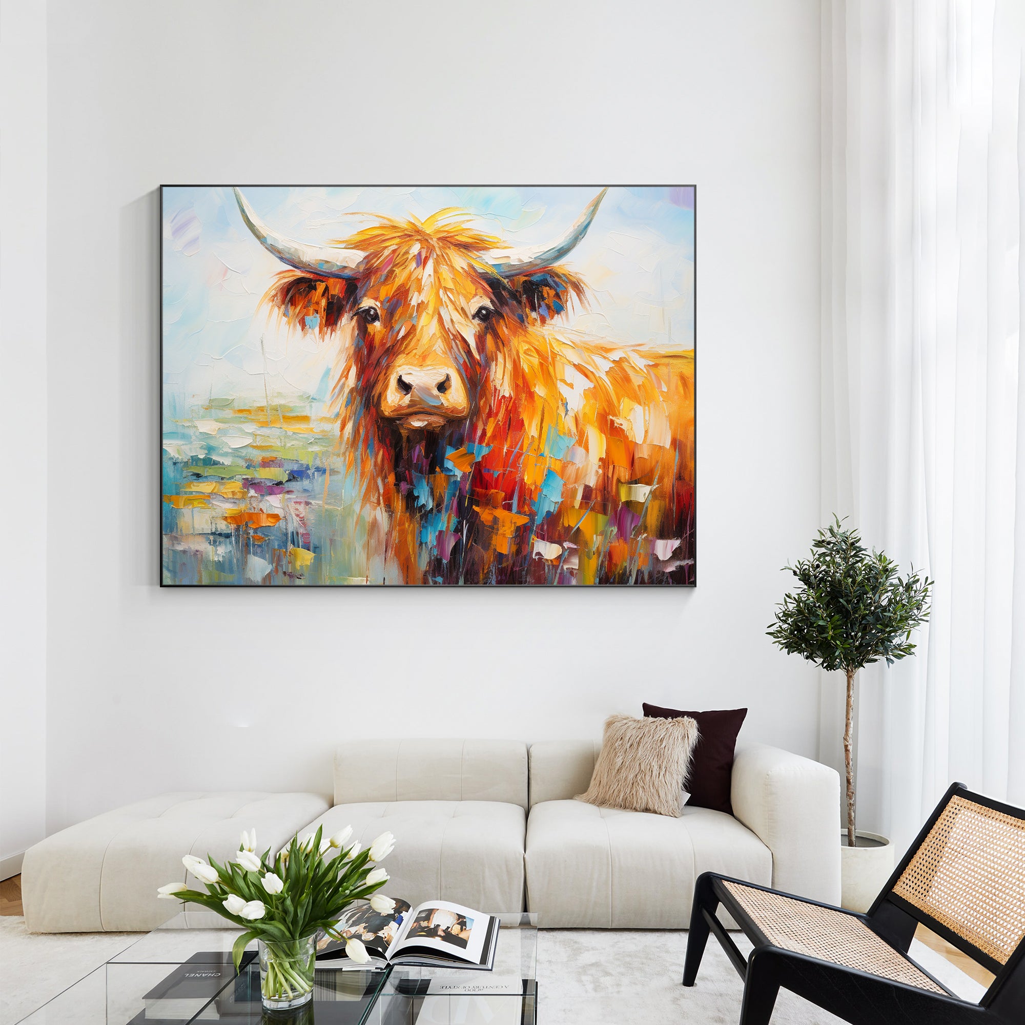 Bright colorful yak texture painting on canvas with vibrant colors.