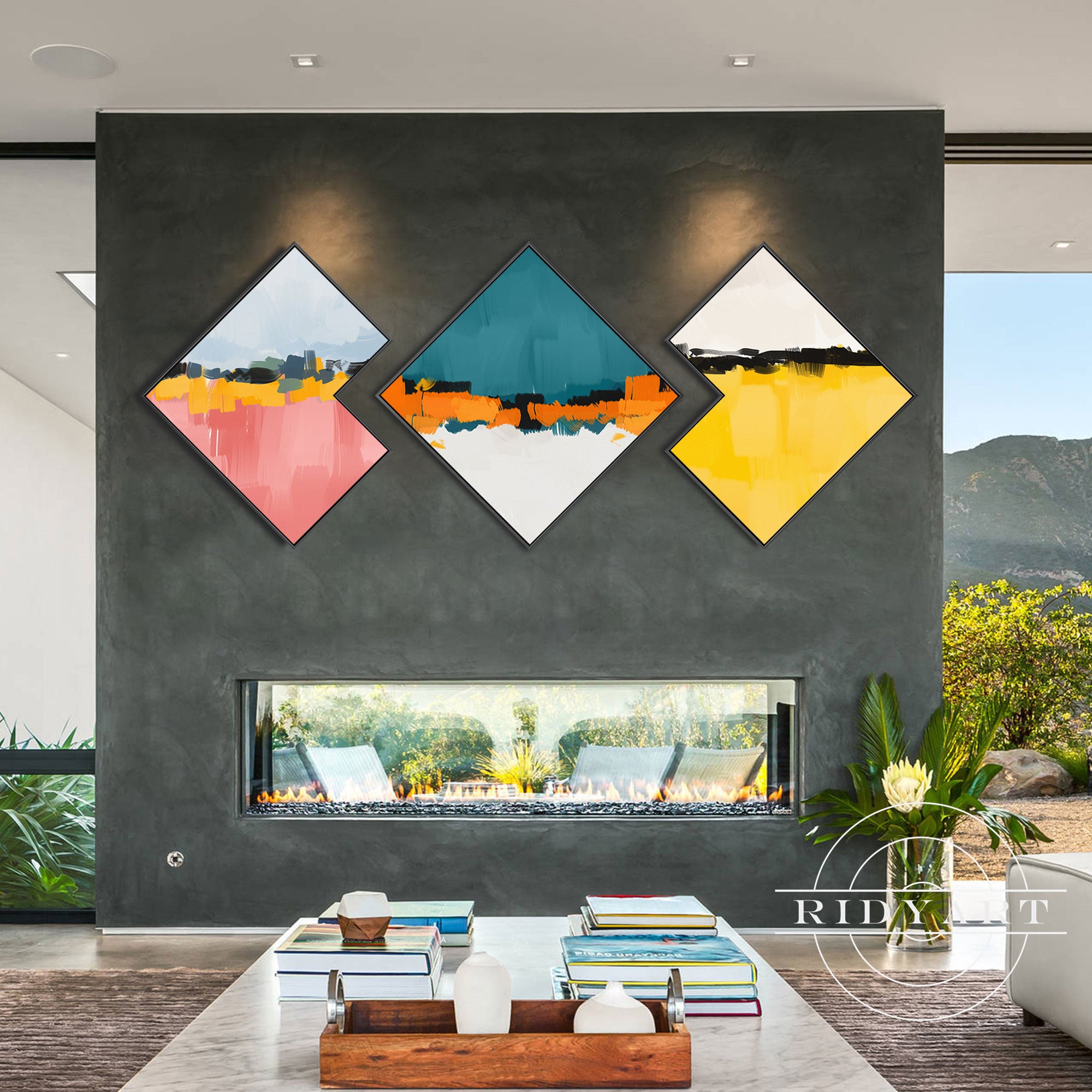 Pink yellow teal bright paintings