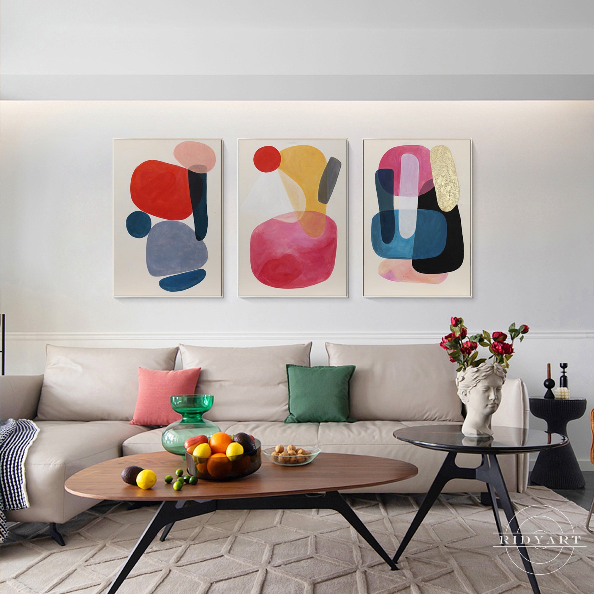 Contemporary abstract framed wall art in pink and red