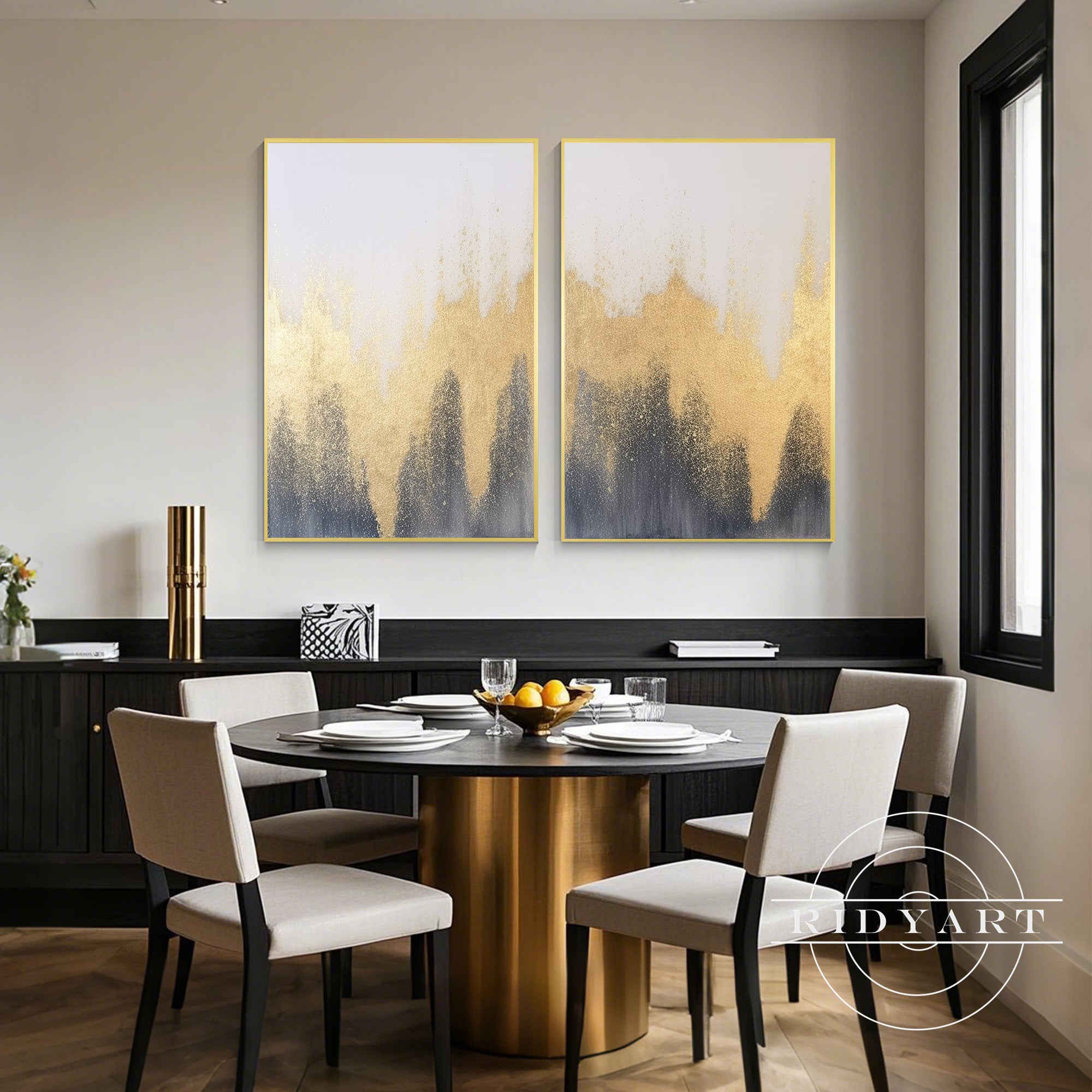 Contemporary office wall decor in dark blue and gold
